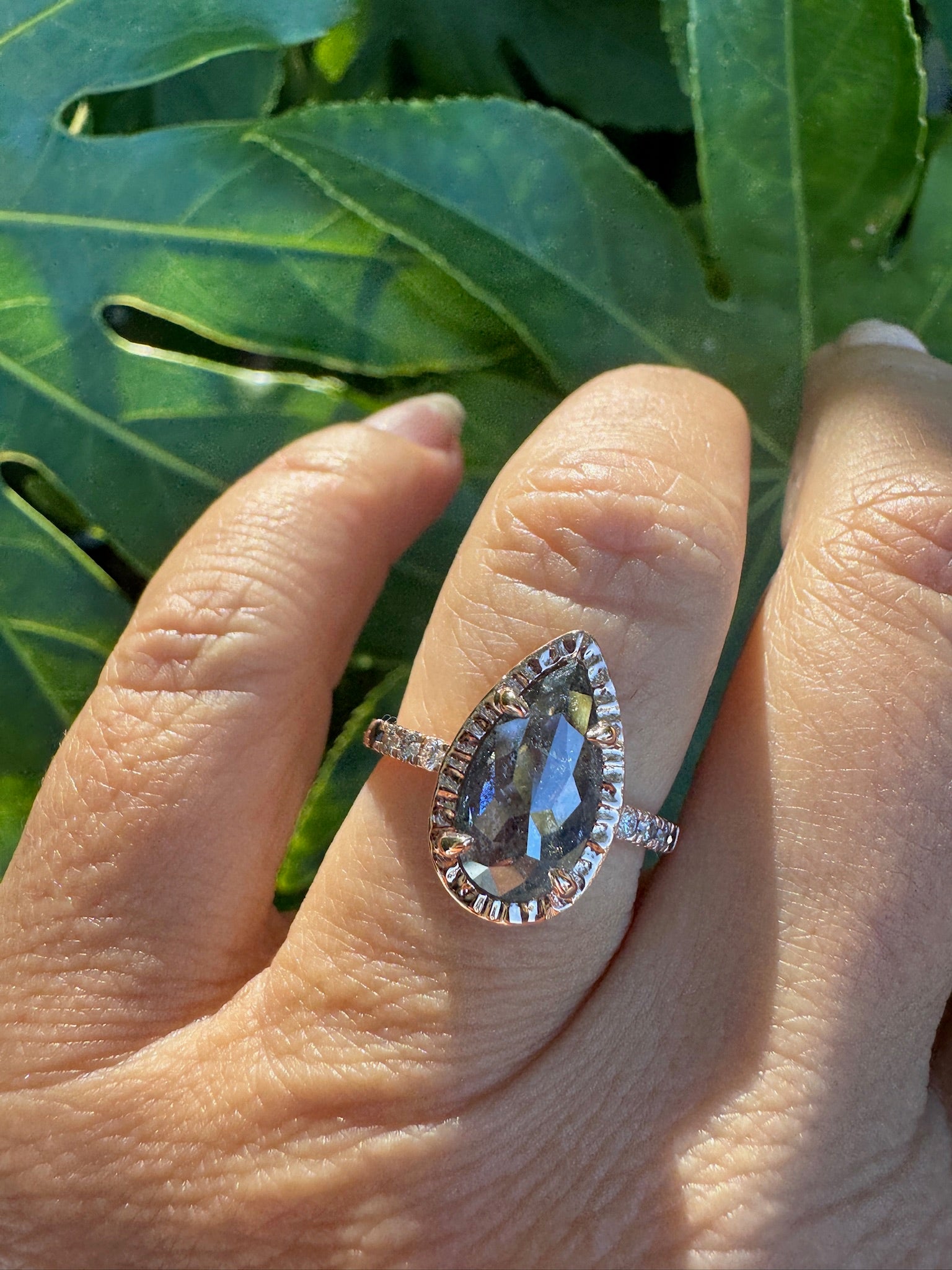 Wendy Pear Salt and Pepper Diamond Hammered Halo Engagement Ring - MTD
