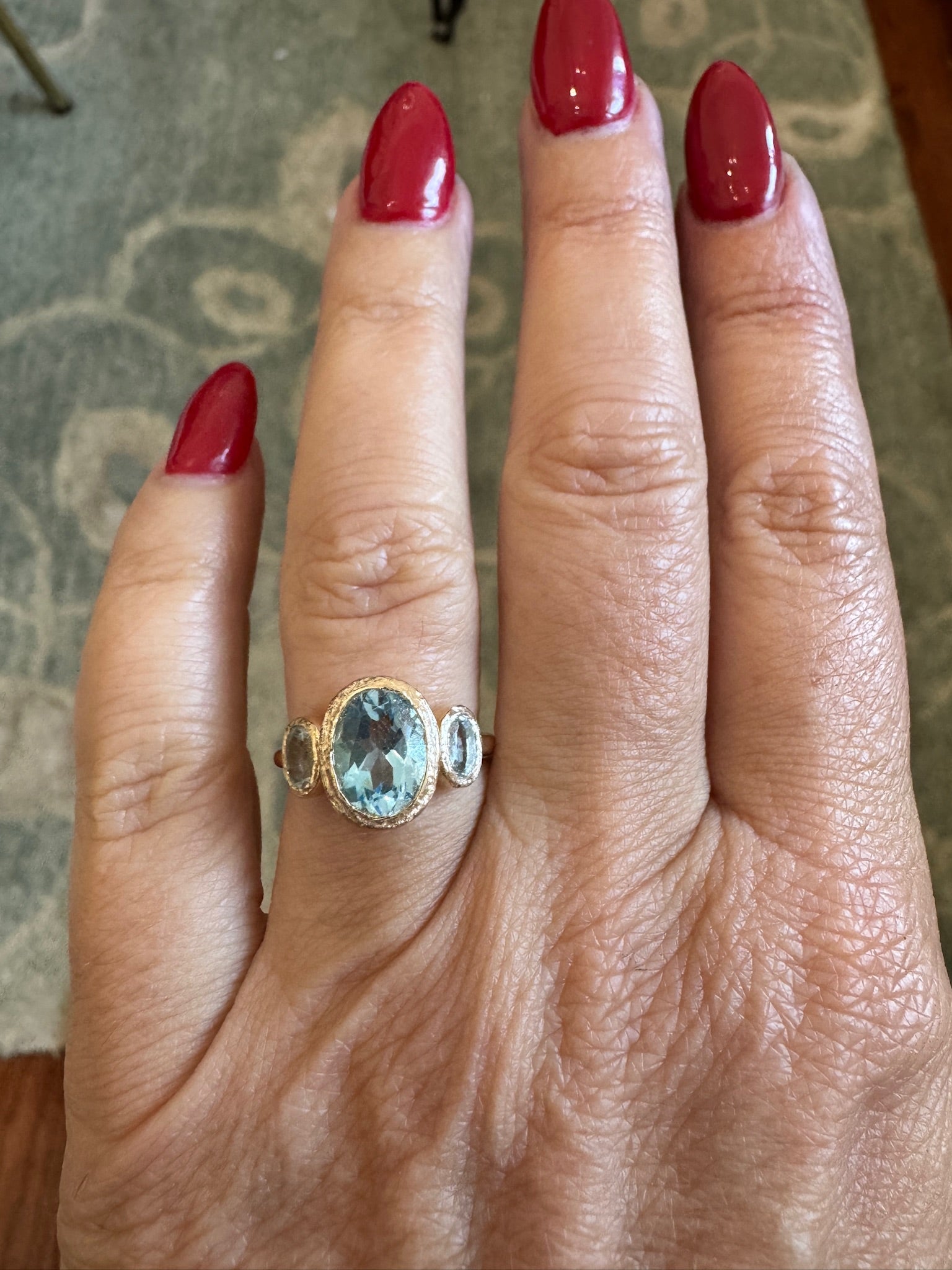 Aqua Three Stone Bezel Set Aquamarine Engagement Ring - MTD