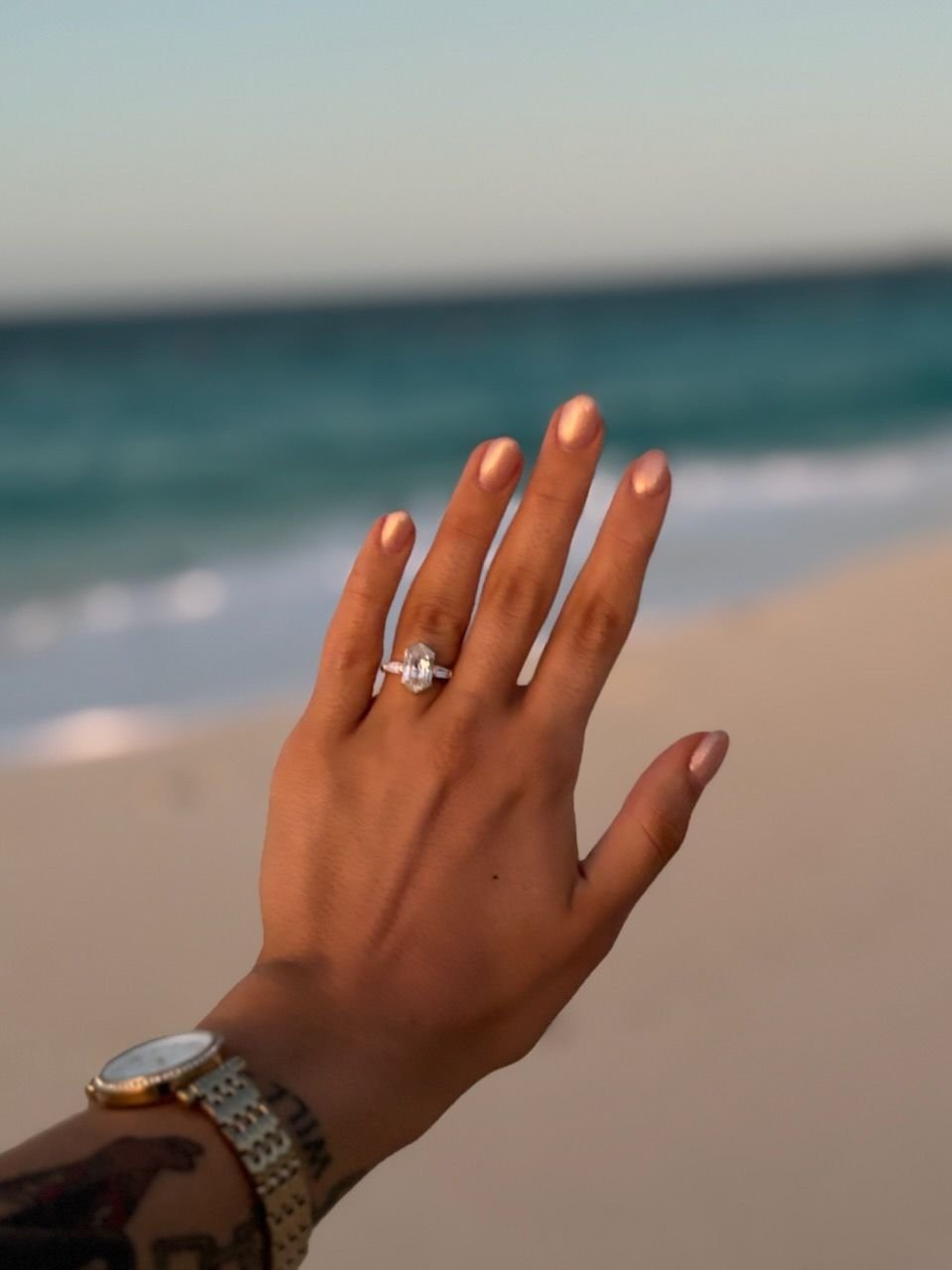 Aaliyah Three Stone Elongated Hexagon Moissanite Engagement Ring - MTD