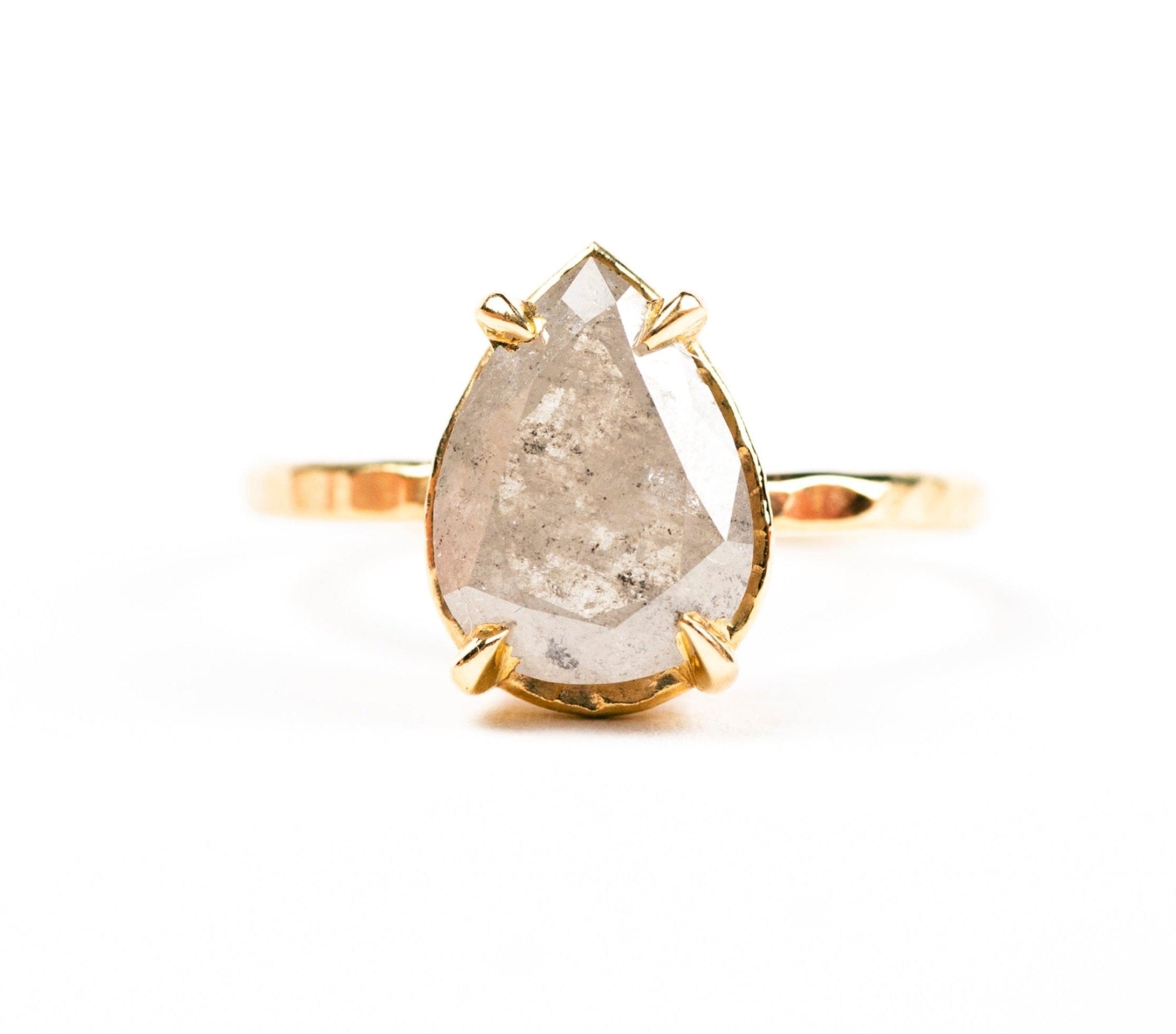 Silver Pear Salt and Pepper Diamond Engagement Ring with Hammered Band - MTD