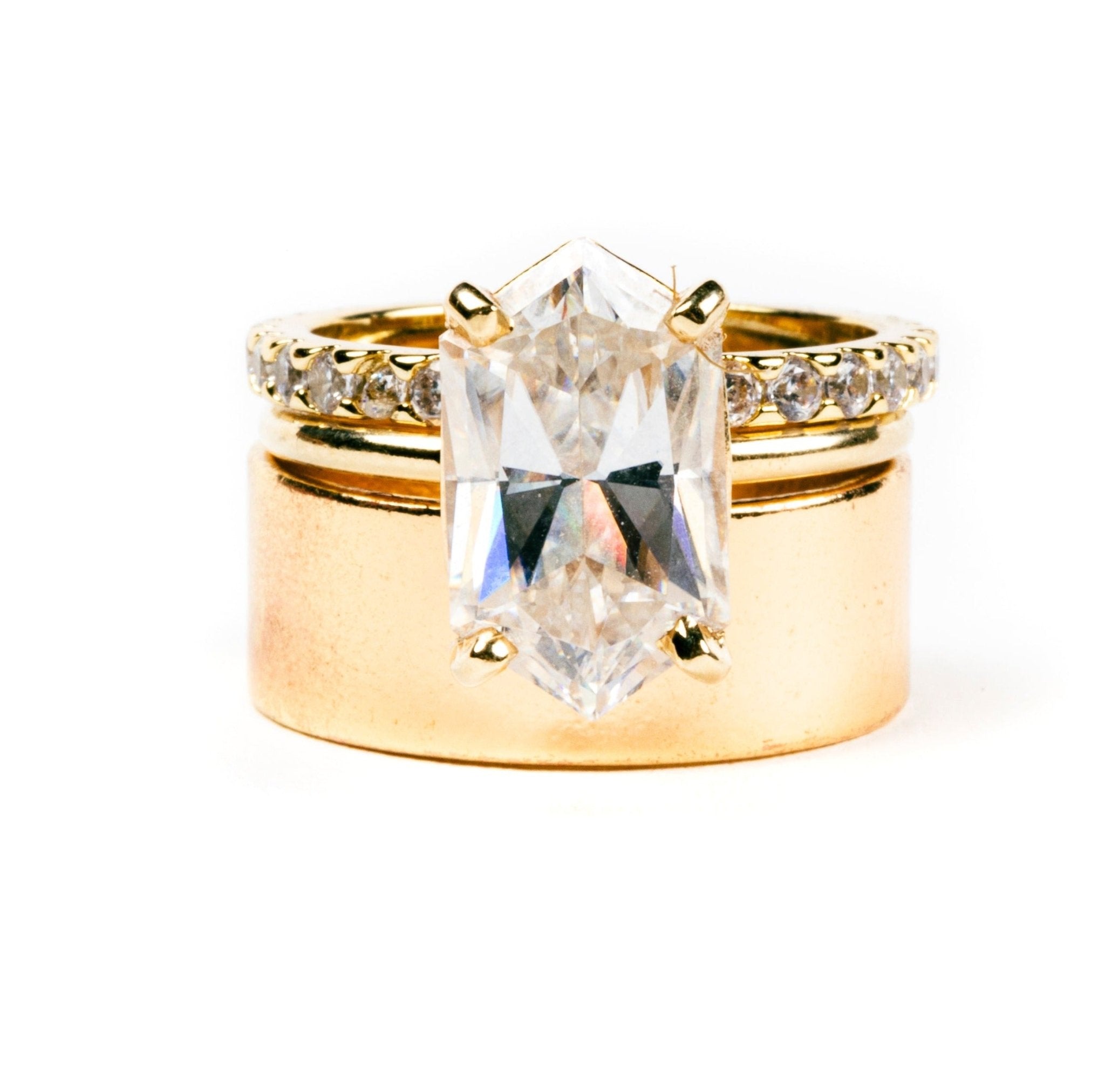 The Eloise Elongated Hexagon Engagement Ring with Cigar Band Stacking Set - MTD