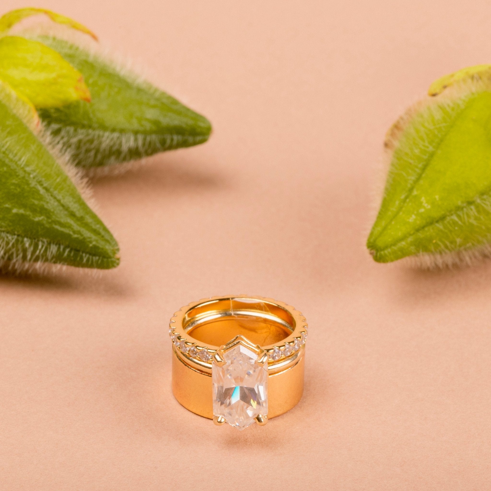 The Eloise Elongated Hexagon Engagement Ring with Cigar Band Stacking Set - MTD