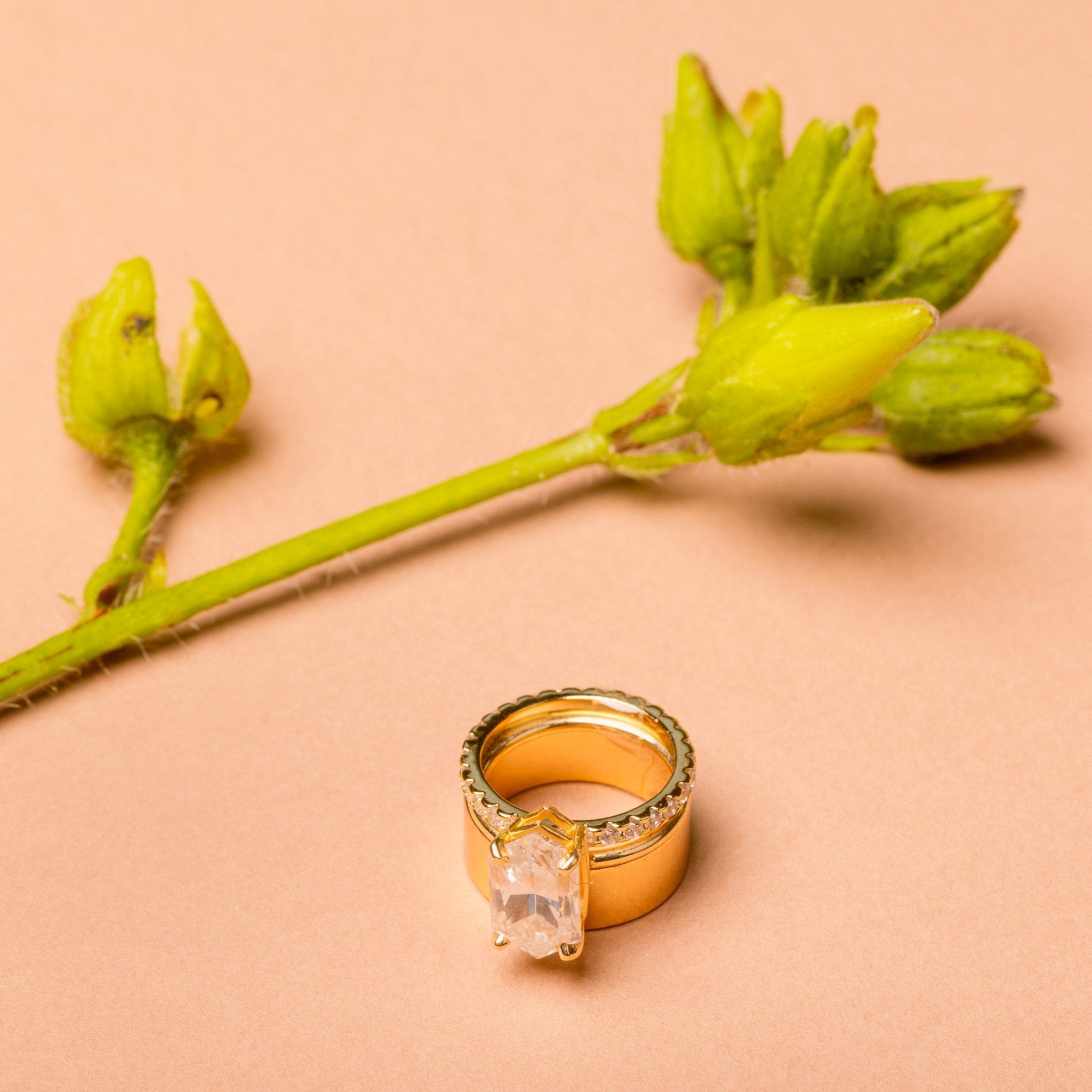 The Eloise Elongated Hexagon Engagement Ring with Cigar Band Stacking Set - MTD