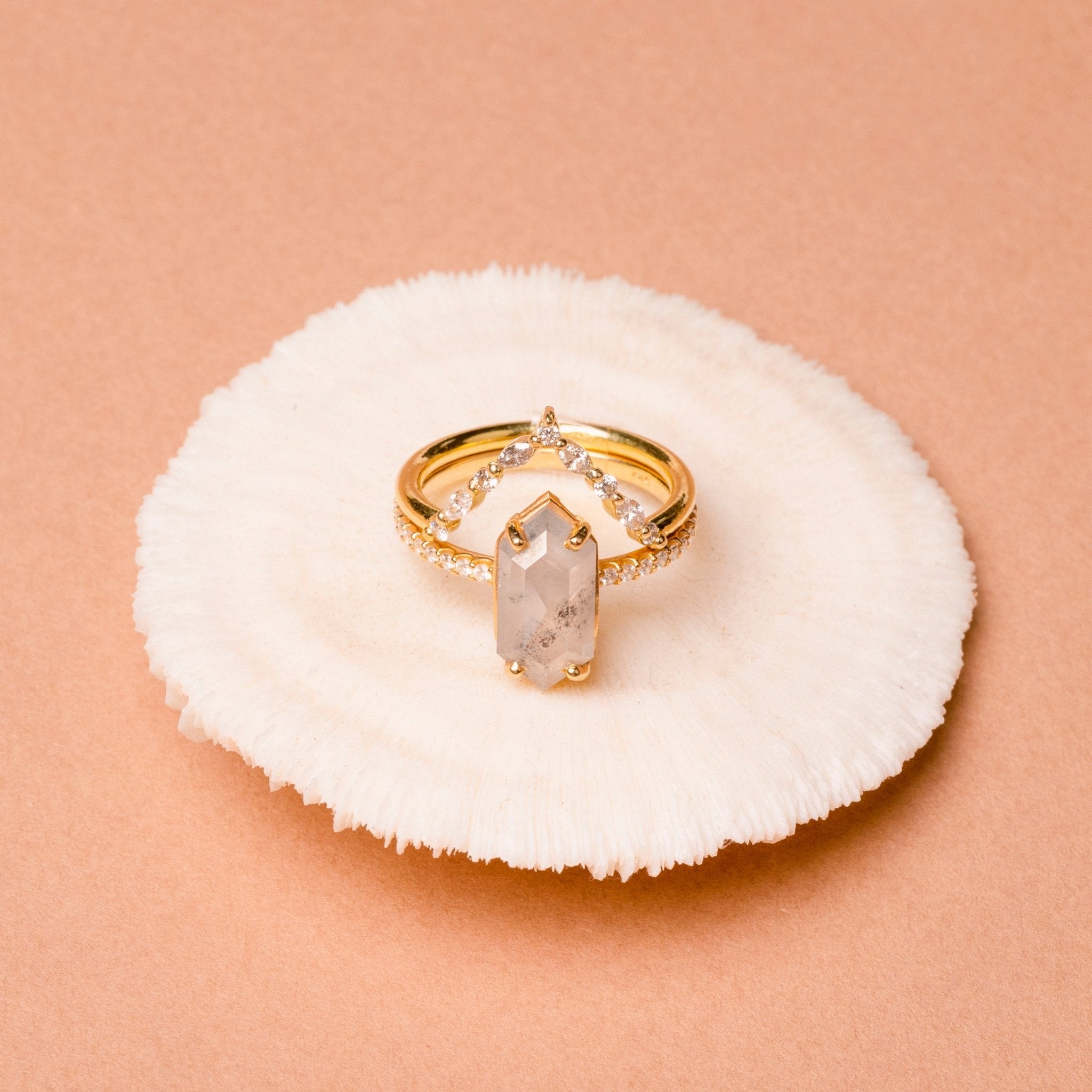 The Sabrina Elongated Hexagon Salt and Pepper Diamond Engagement Ring Stacking Set - MTD