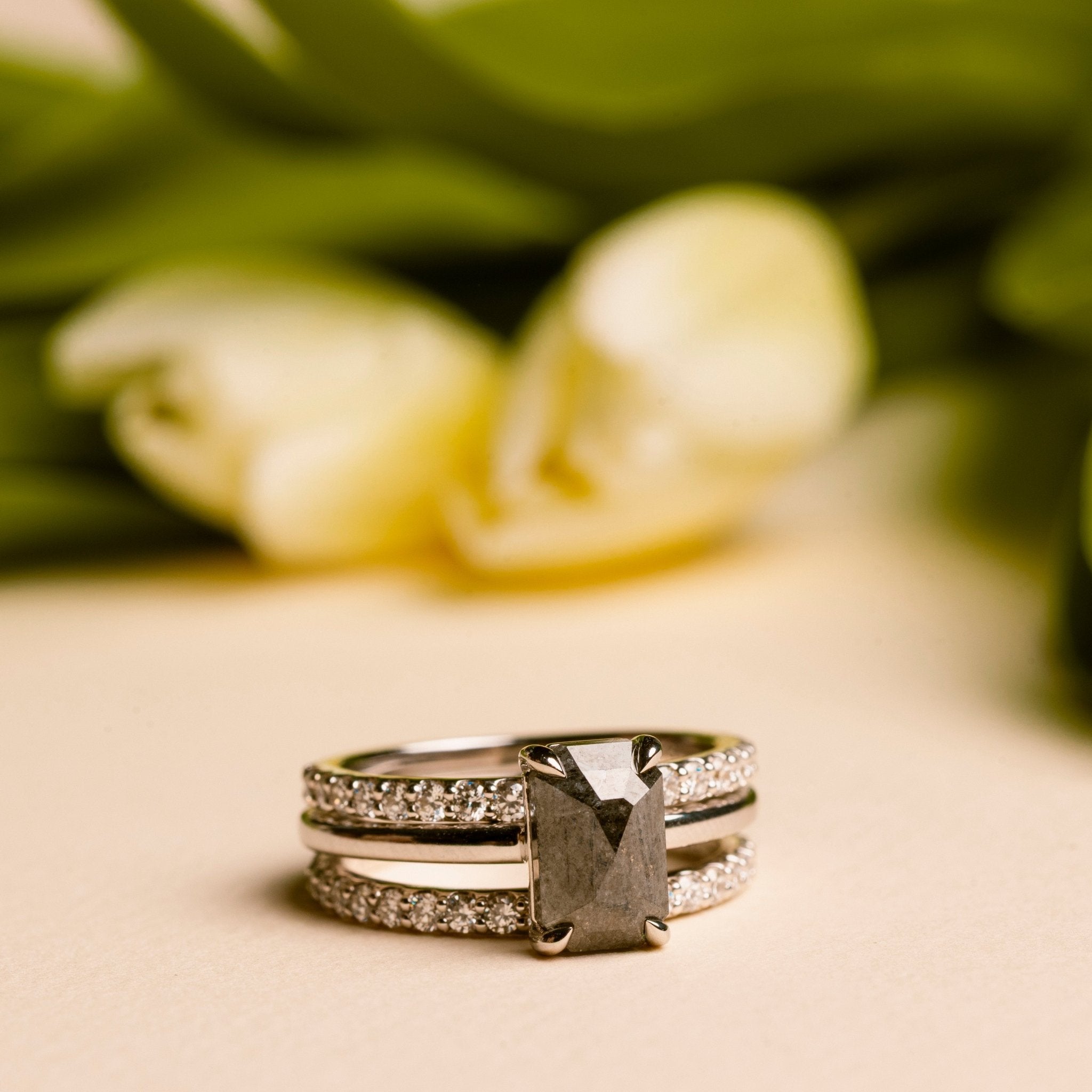Raven Emerald Cut Salt and Pepper Diamond Engagement Ring - MTD