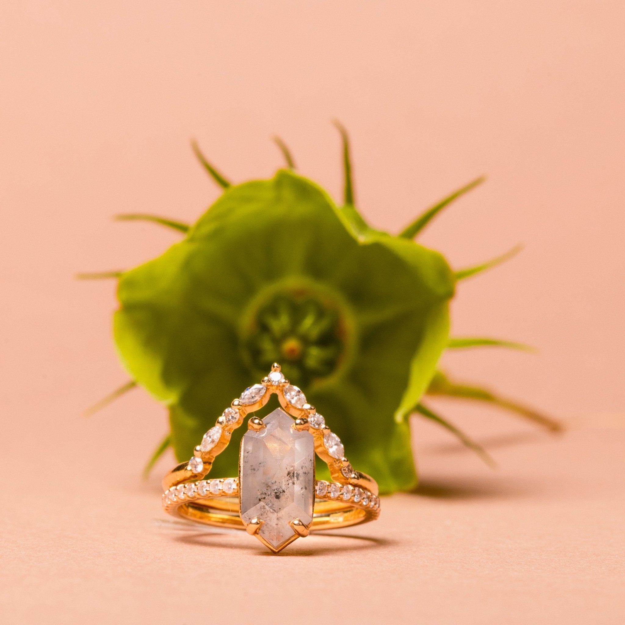 The Sabrina Elongated Hexagon Salt and Pepper Diamond Engagement Ring Stacking Set - MTD