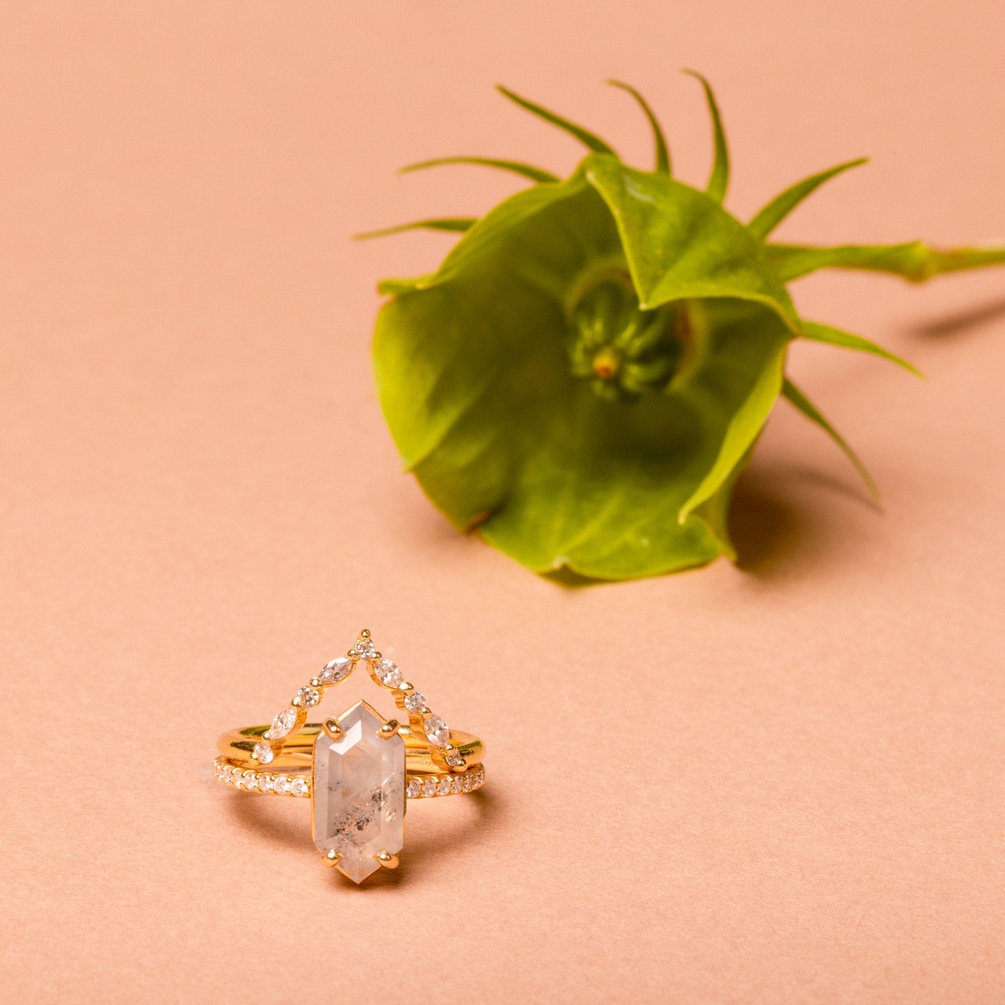 The Sabrina Elongated Hexagon Salt and Pepper Diamond Engagement Ring Stacking Set - MTD