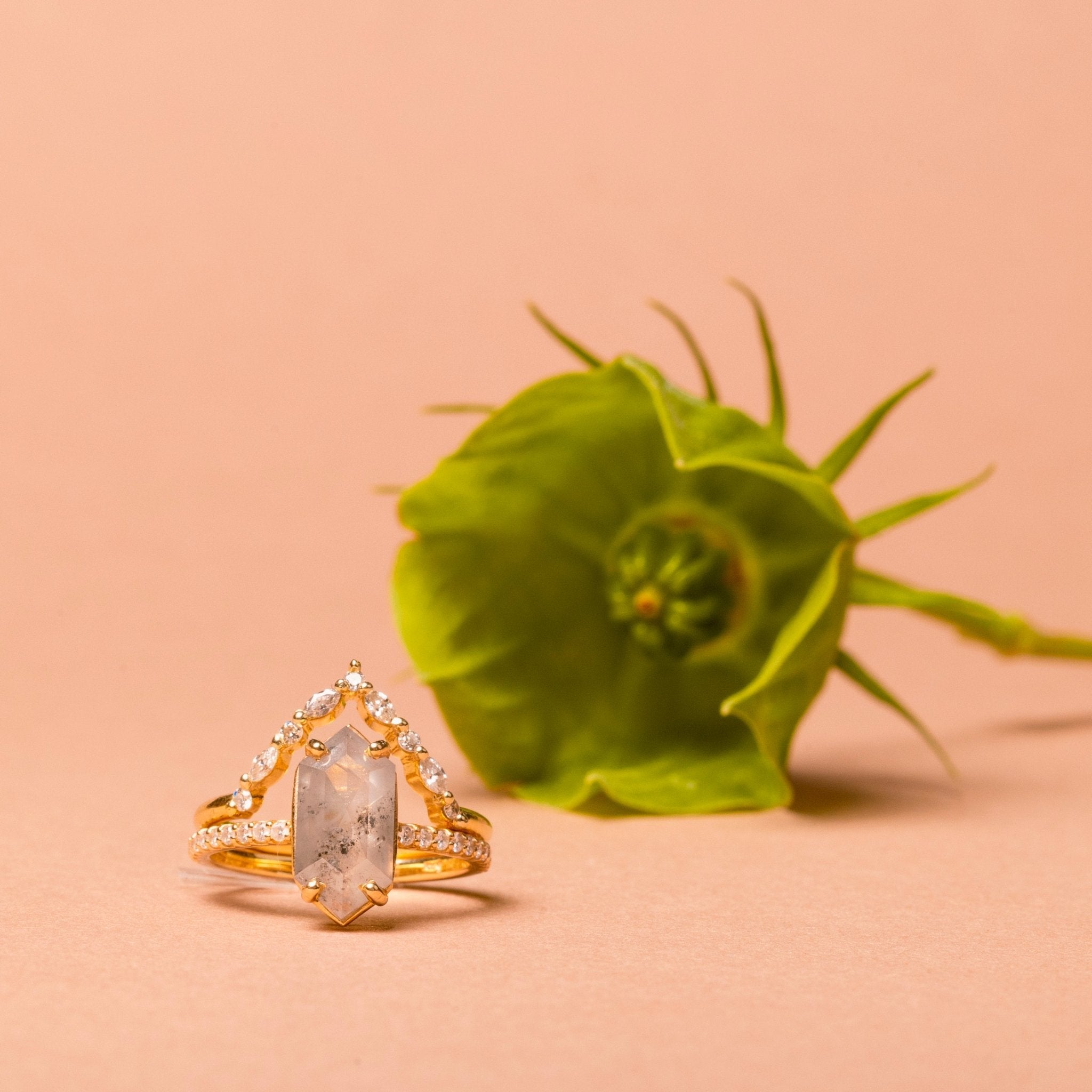 The Sabrina Elongated Hexagon Salt and Pepper Diamond Engagement Ring Stacking Set - MTD