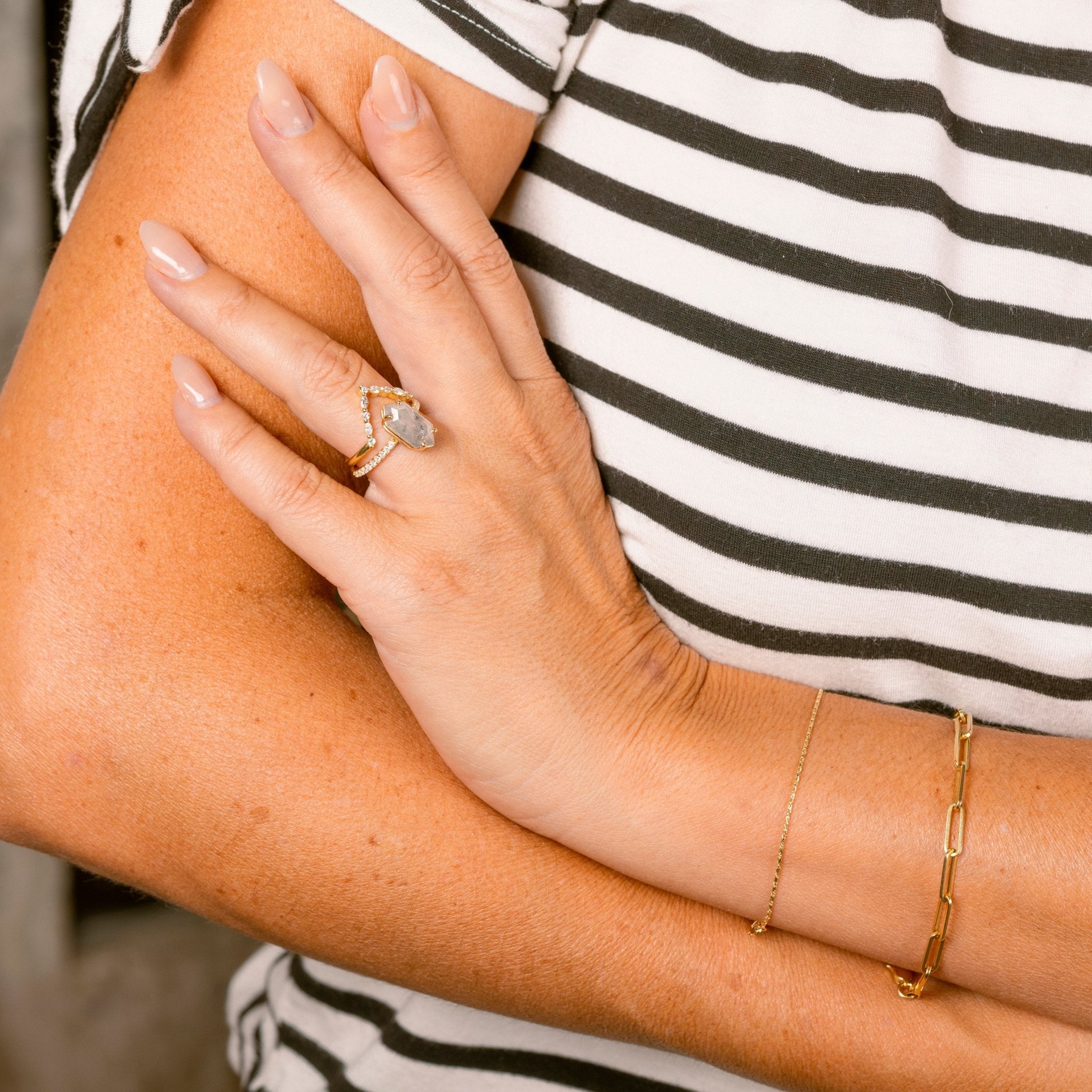 The Sabrina Elongated Hexagon Salt and Pepper Diamond Engagement Ring Stacking Set - MTD