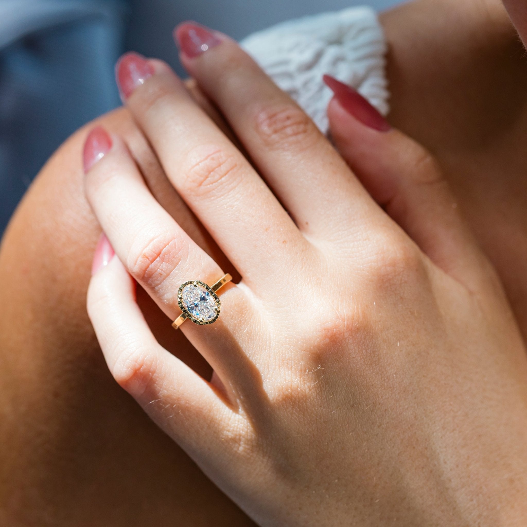 Faye Oval Diamond Hammered Halo Engagement Ring - MTD