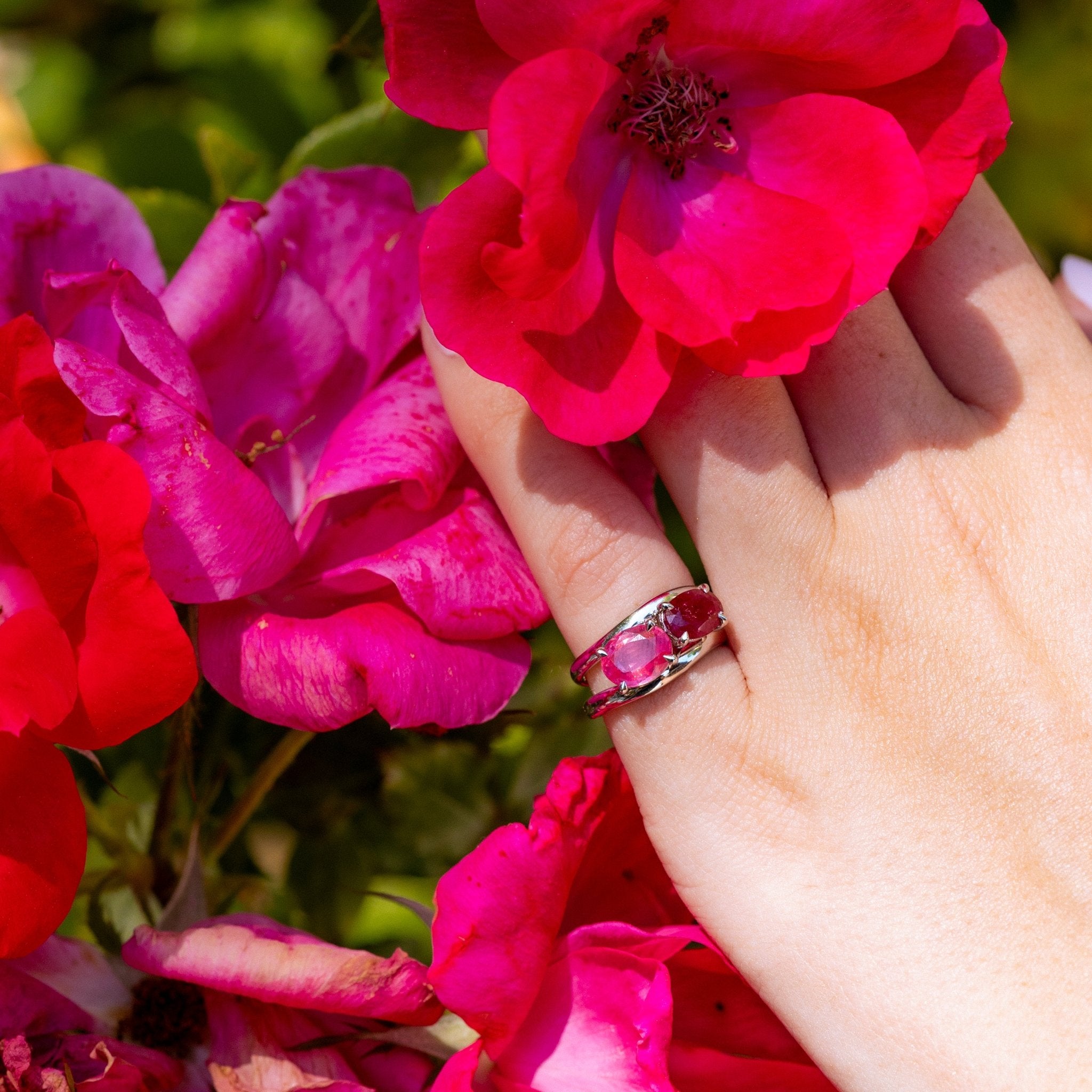Rose Garden Ruby and Spinel Curved White Gold Nesting Bands - MTD