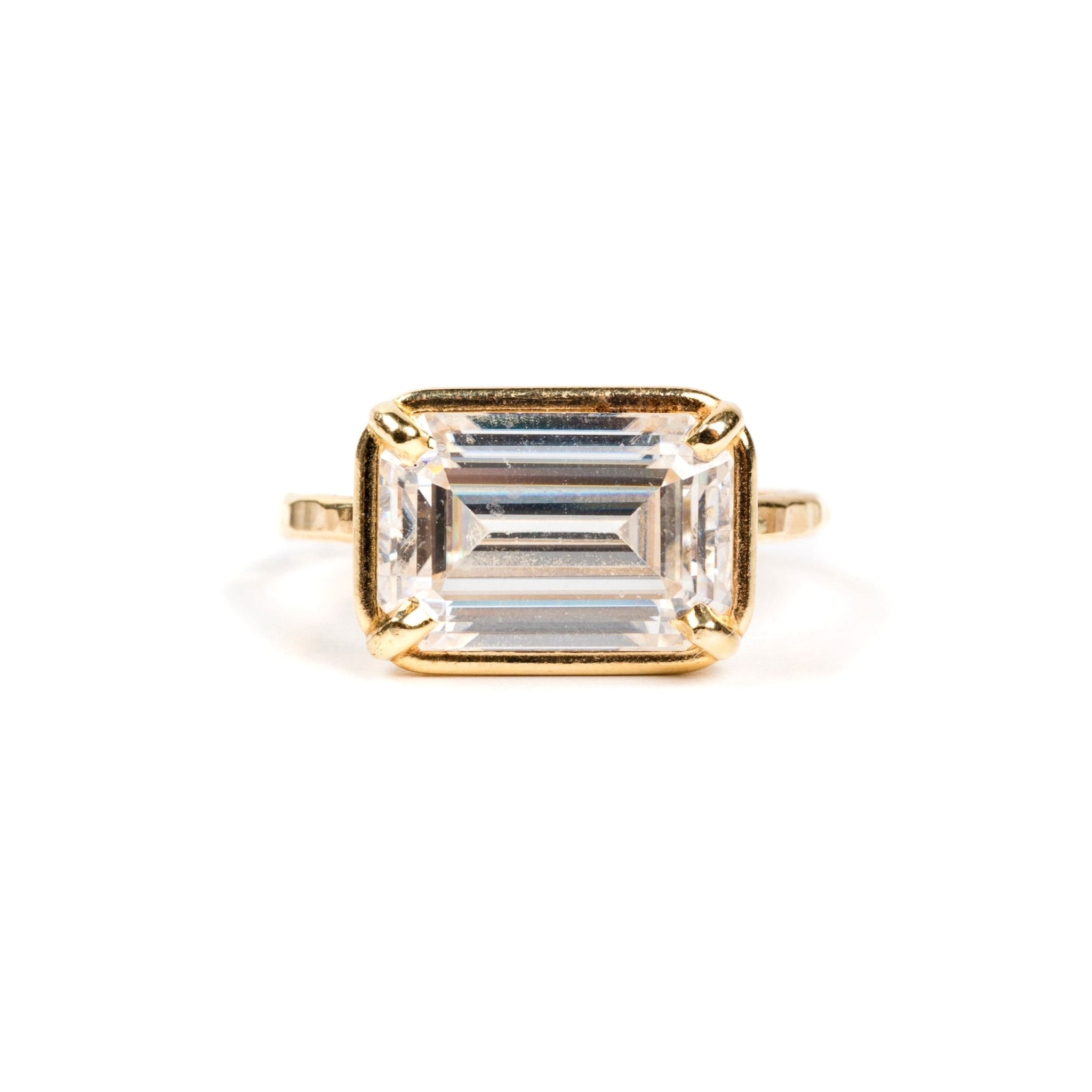 Diana East - West 5ct Emerald Cut Gold Halo Engagement Ring with Hammered Band - MTD