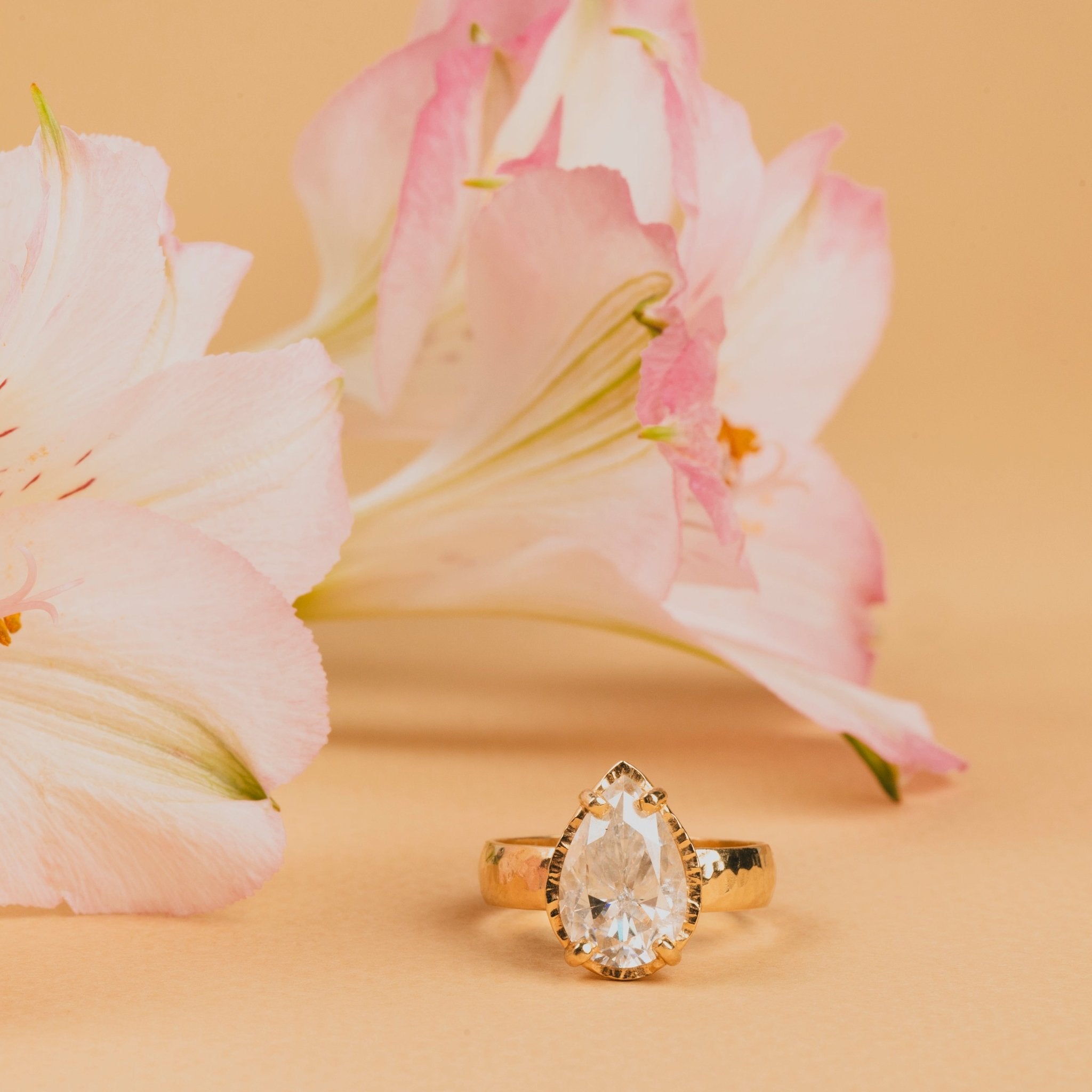 3ct Pear Hammered Halo Engagement Ring on Wide Hammered Band - MTD