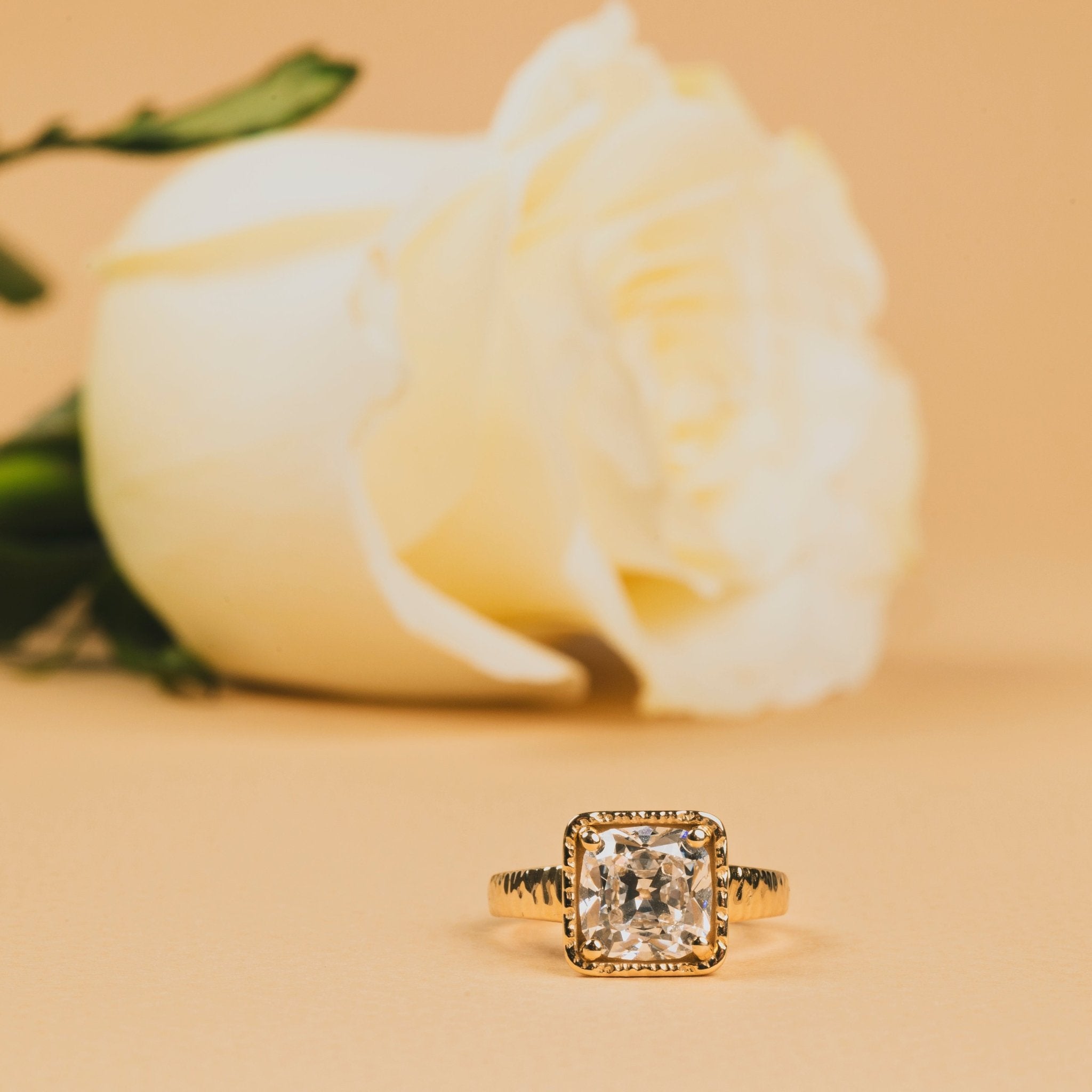 Alina Hammered Halo Cushion Cut Diamond Engagement Ring with Hammered Band - MTD