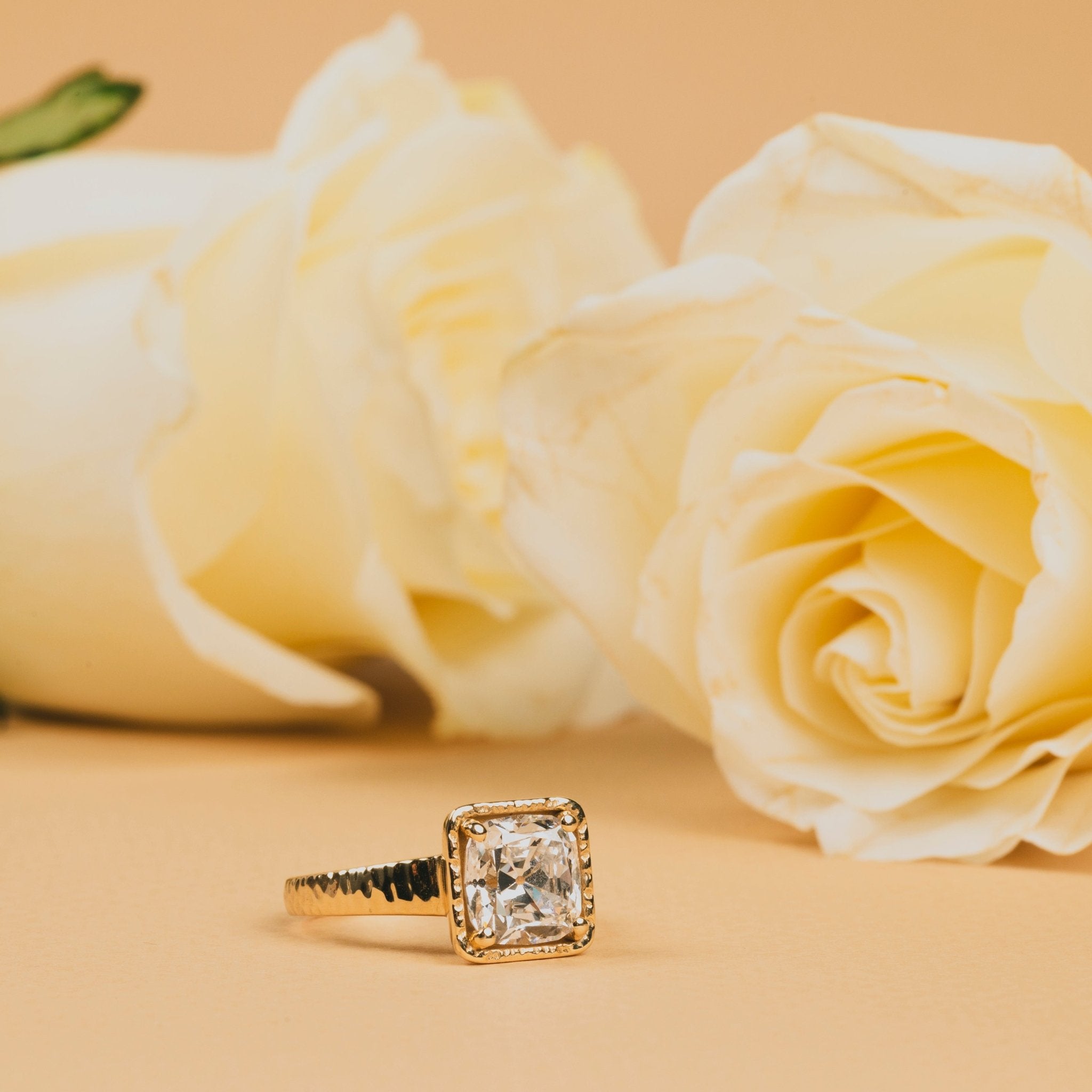 Alina Hammered Halo Cushion Cut Diamond Engagement Ring with Hammered Band - MTD