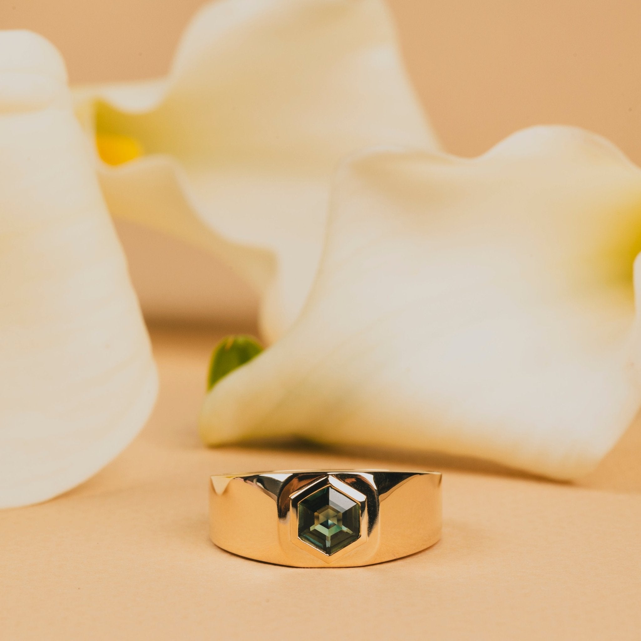 Atlas Hexagon Bezel Set Sapphire Signet Style Men's Wedding Band - MTD