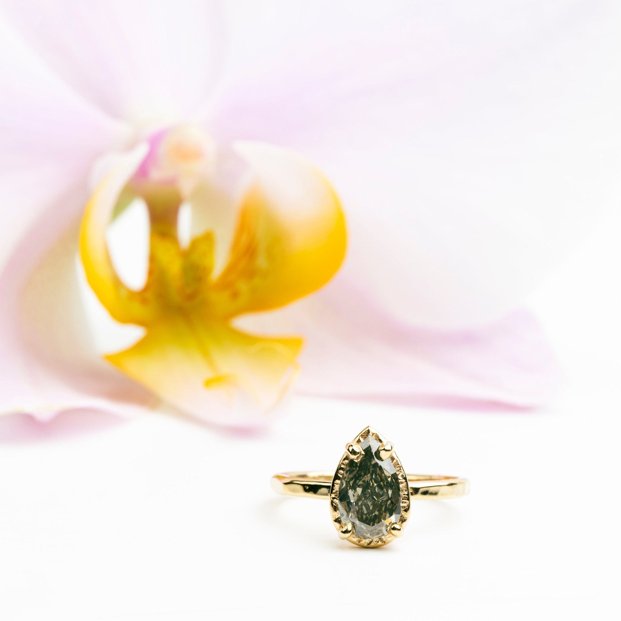 Lucille Salt and Pepper Pear Diamond Hammered Halo Engagement Ring - MTD