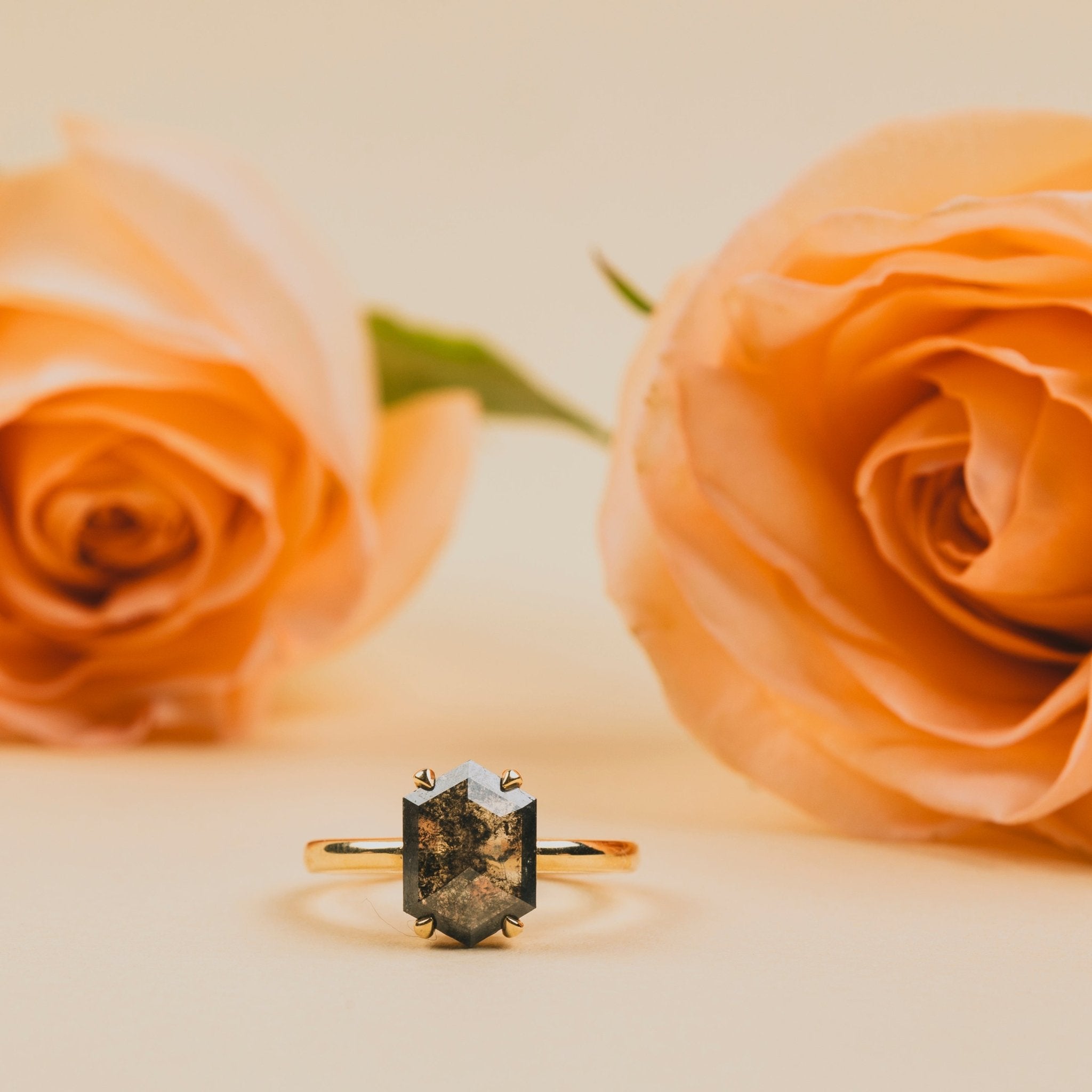 Anastasia Salt and Pepper Elongated Hexagon Engagement Ring with Claw Prongs - MTD