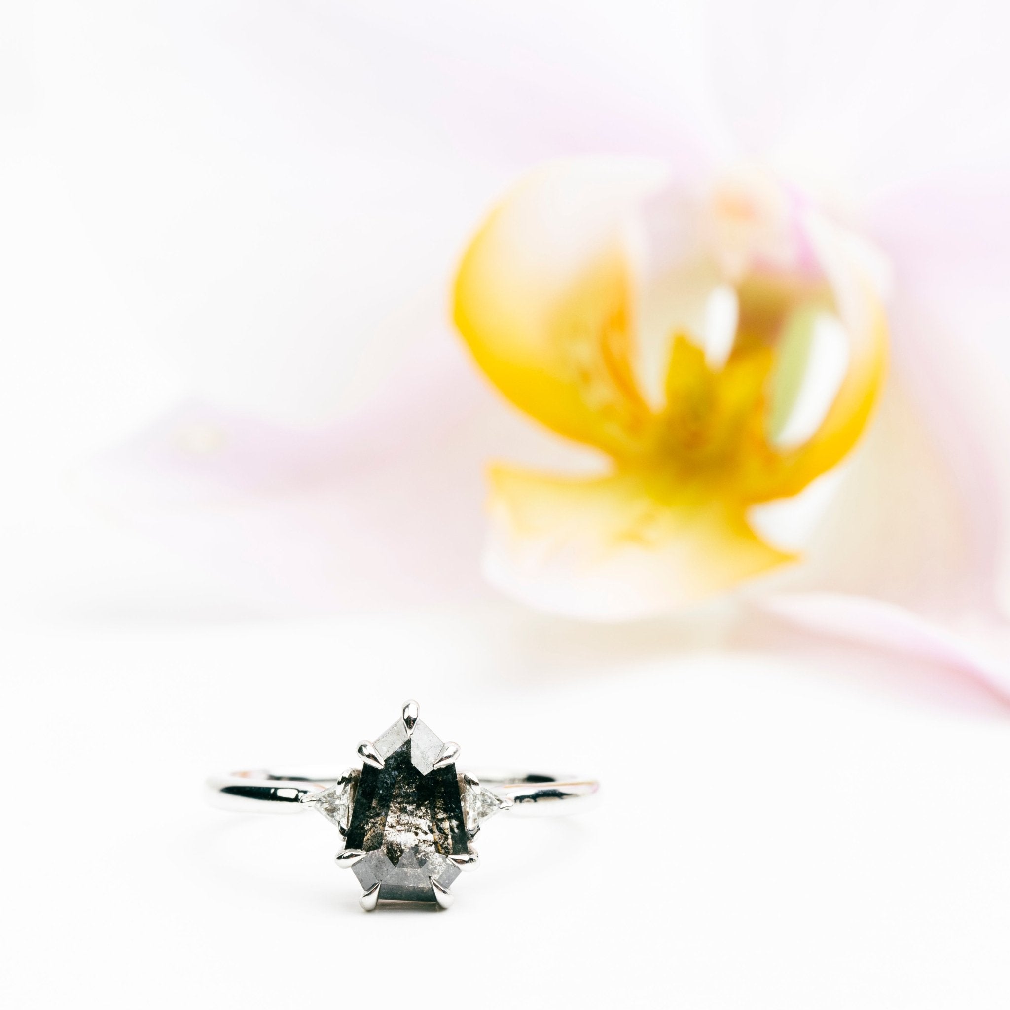 Jacqueline Salt and Pepper Sheild Diamond Engagement Ring Three Stone - MTD