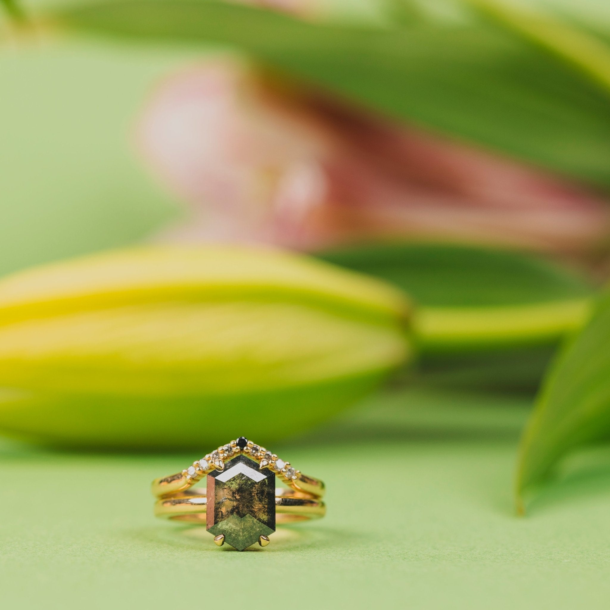 Anastasia Salt and Pepper Elongated Hexagon Engagement Ring with Claw Prongs - MTD