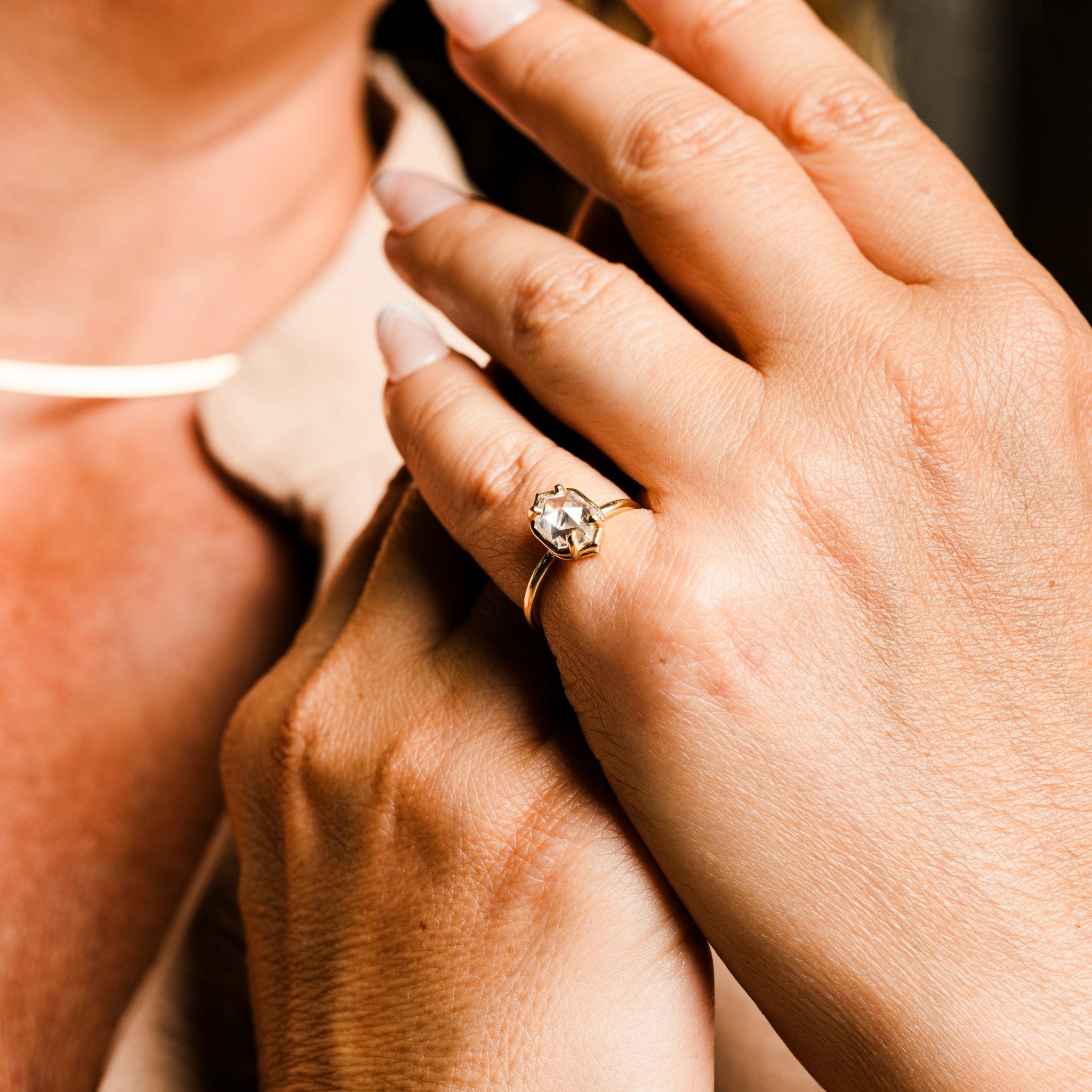 Sweet Marie Elongated Hexagon Lab Diamond Golden Halo Engagement Ring - MTD