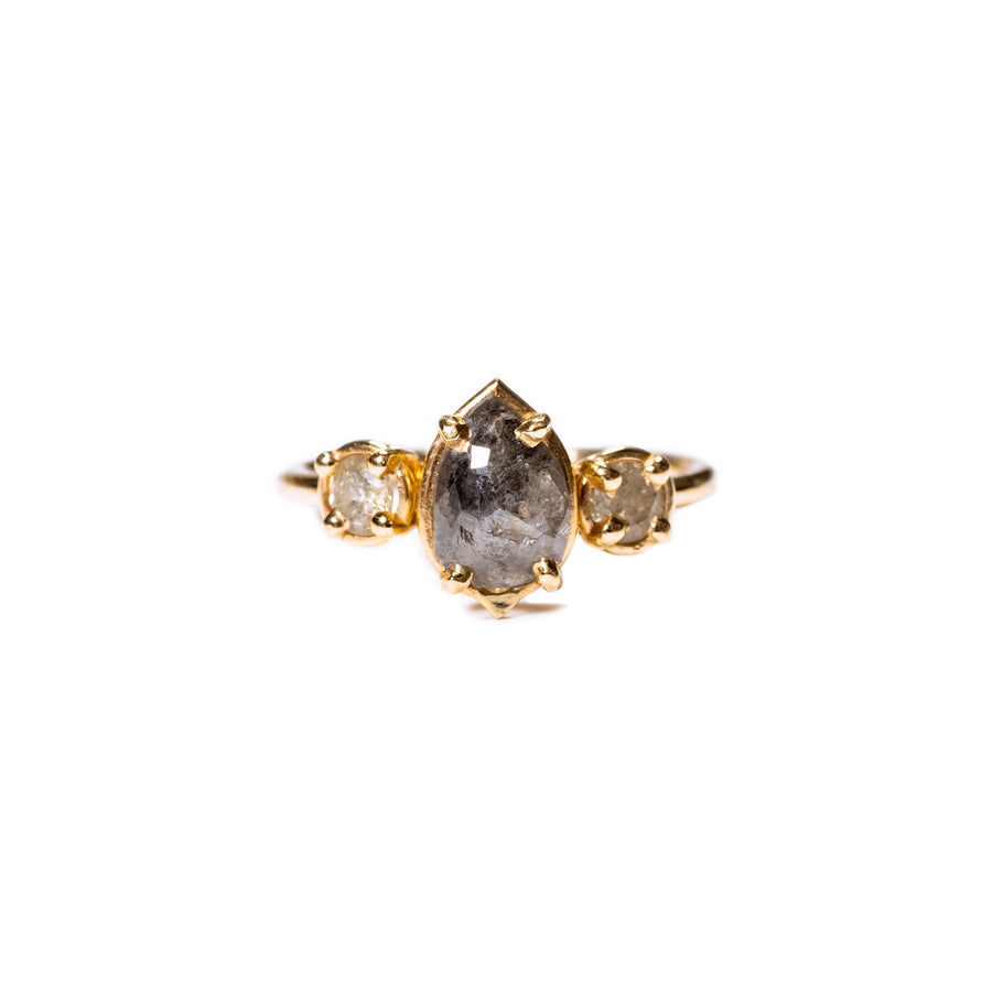 Salt and Pepper 3 Stone Ring with Pear Diamond