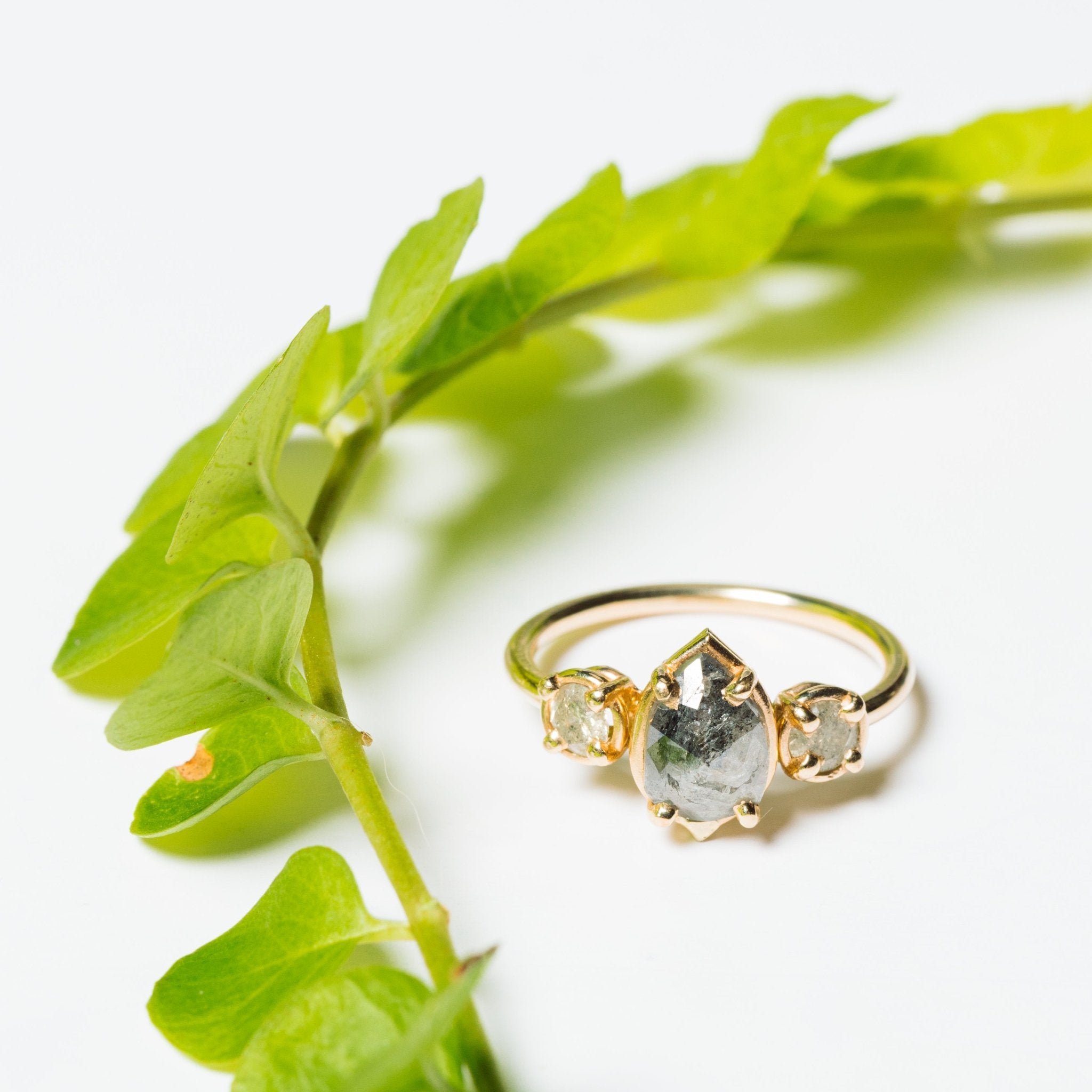 Salt and Pepper 3 Stone Ring with Pear Diamond - MTD