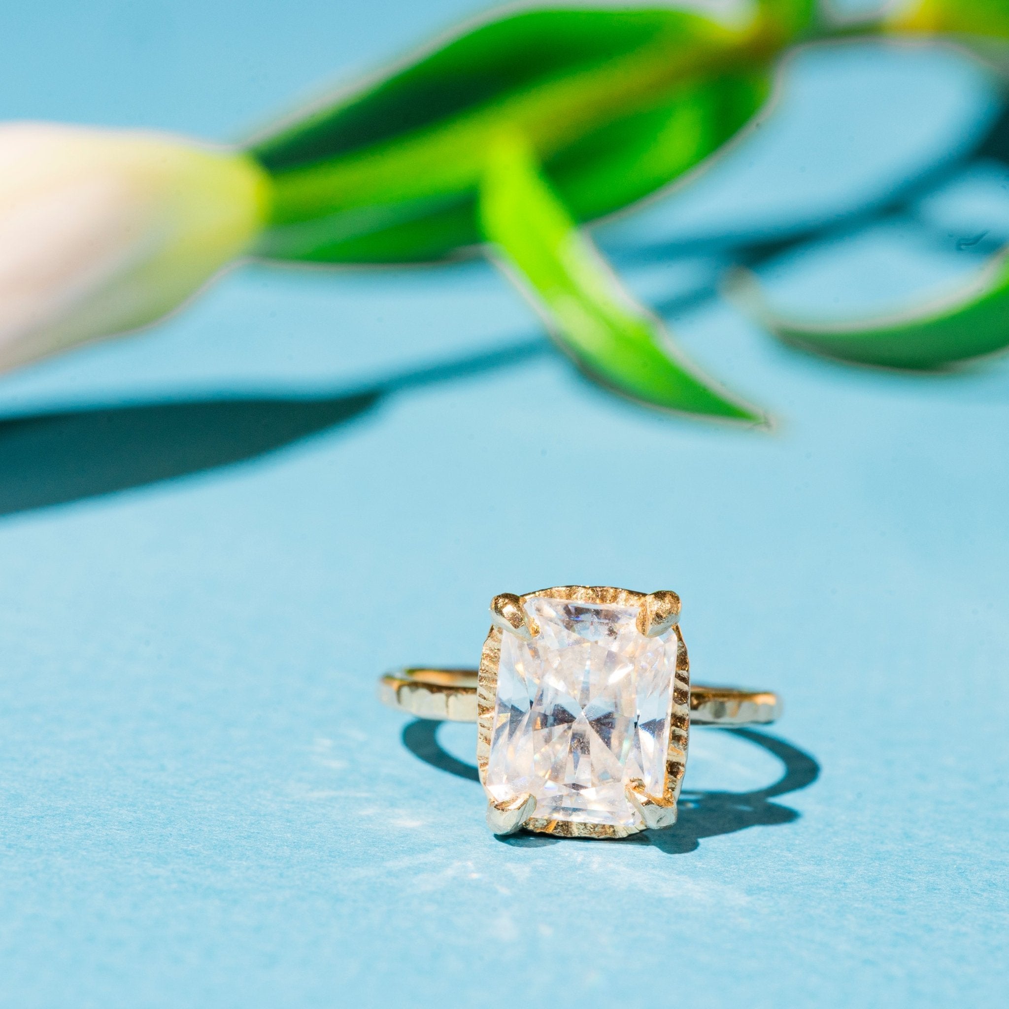 Hammered Halo Radiant Cut Moissanite Engagement Ring - MTD