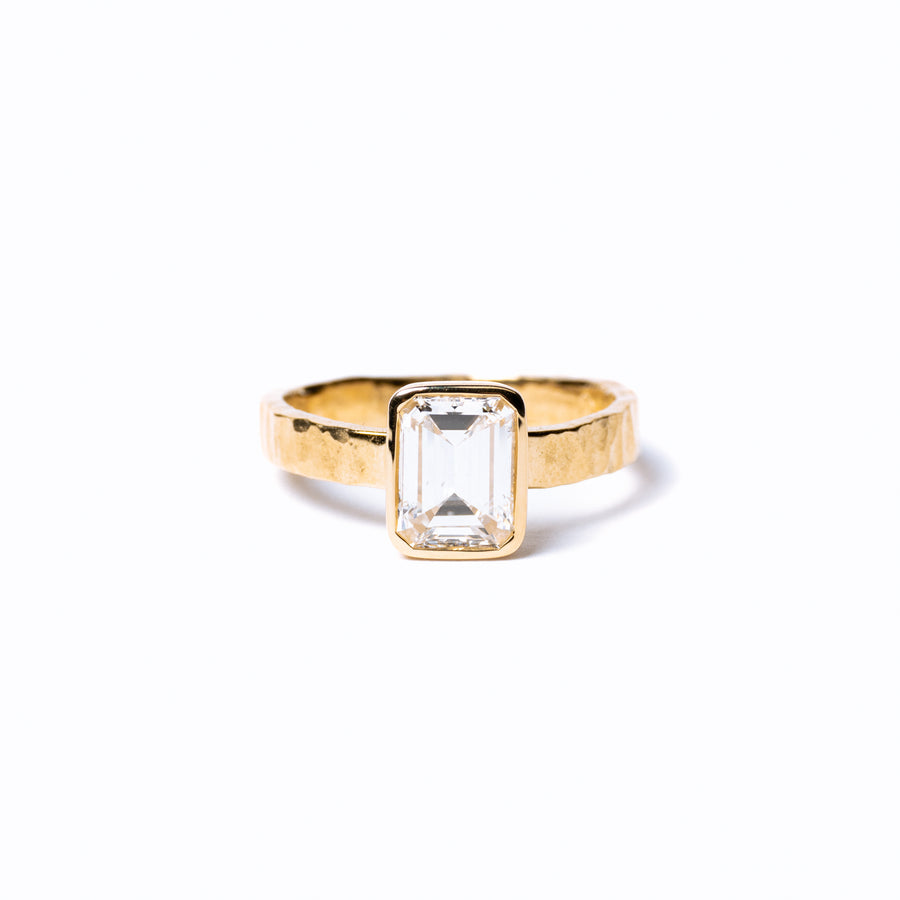 Sheba 2ct Emerald Cut Diamond Engagement Ring Bezel Setting on Wide Hammered Band
