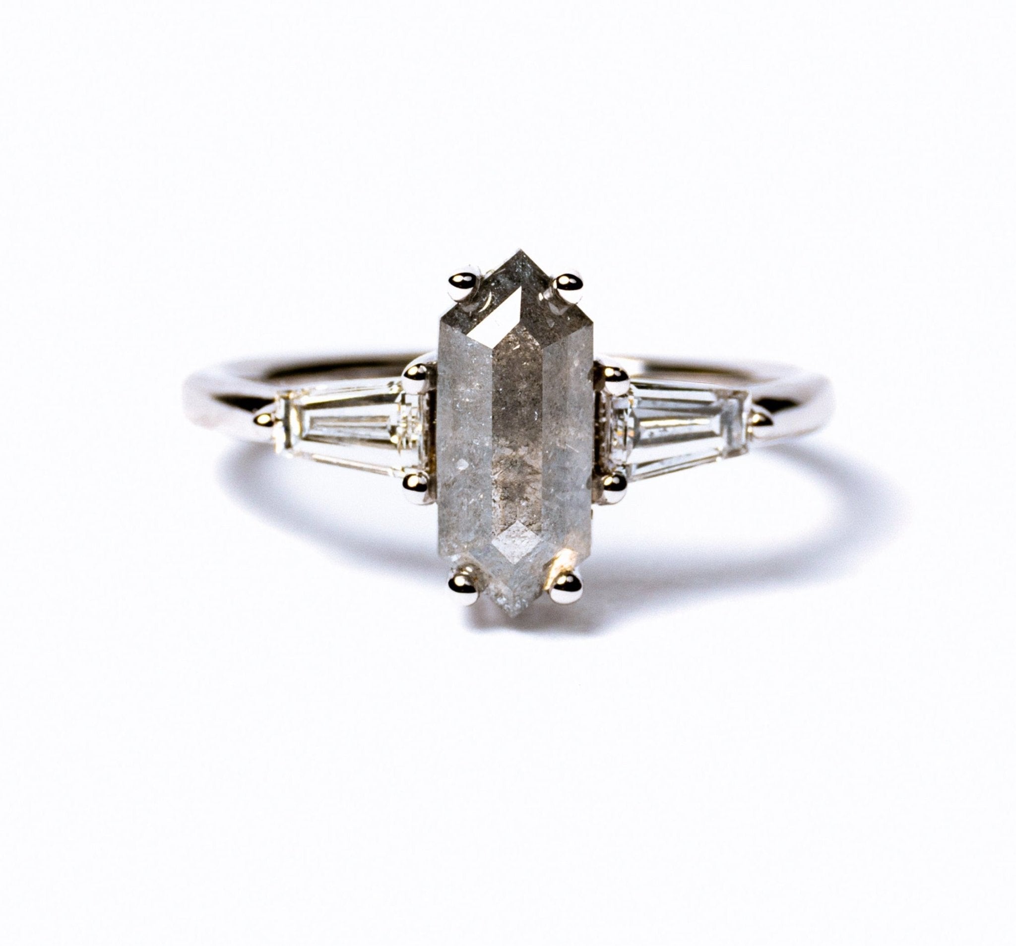 Mavis Elongate Hexagon Salt and Pepper Diamond with Baguettes Engagement Ring - MTD