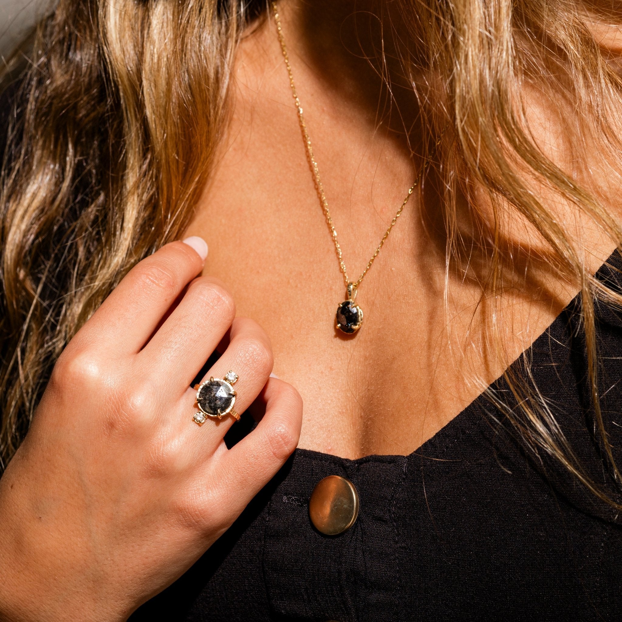 Three Stone Round Black Diamond Engagement Ring - MTD