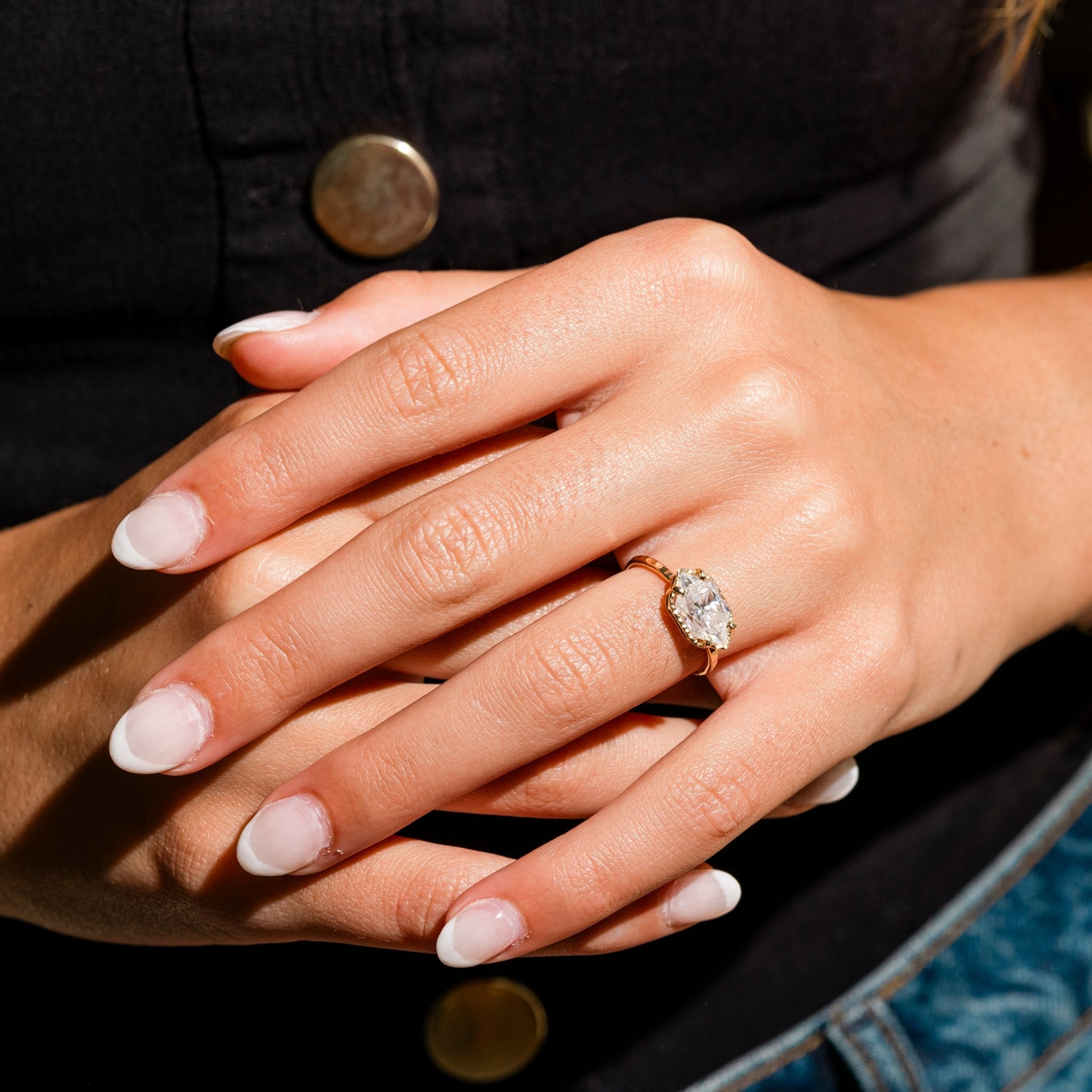 East West Elongated Hexagon Moissanite Engagement Ring - MTD