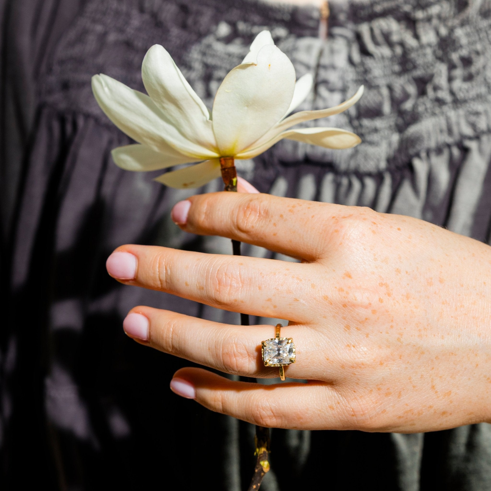 Hammered Halo Radiant Cut Moissanite Engagement Ring - MTD