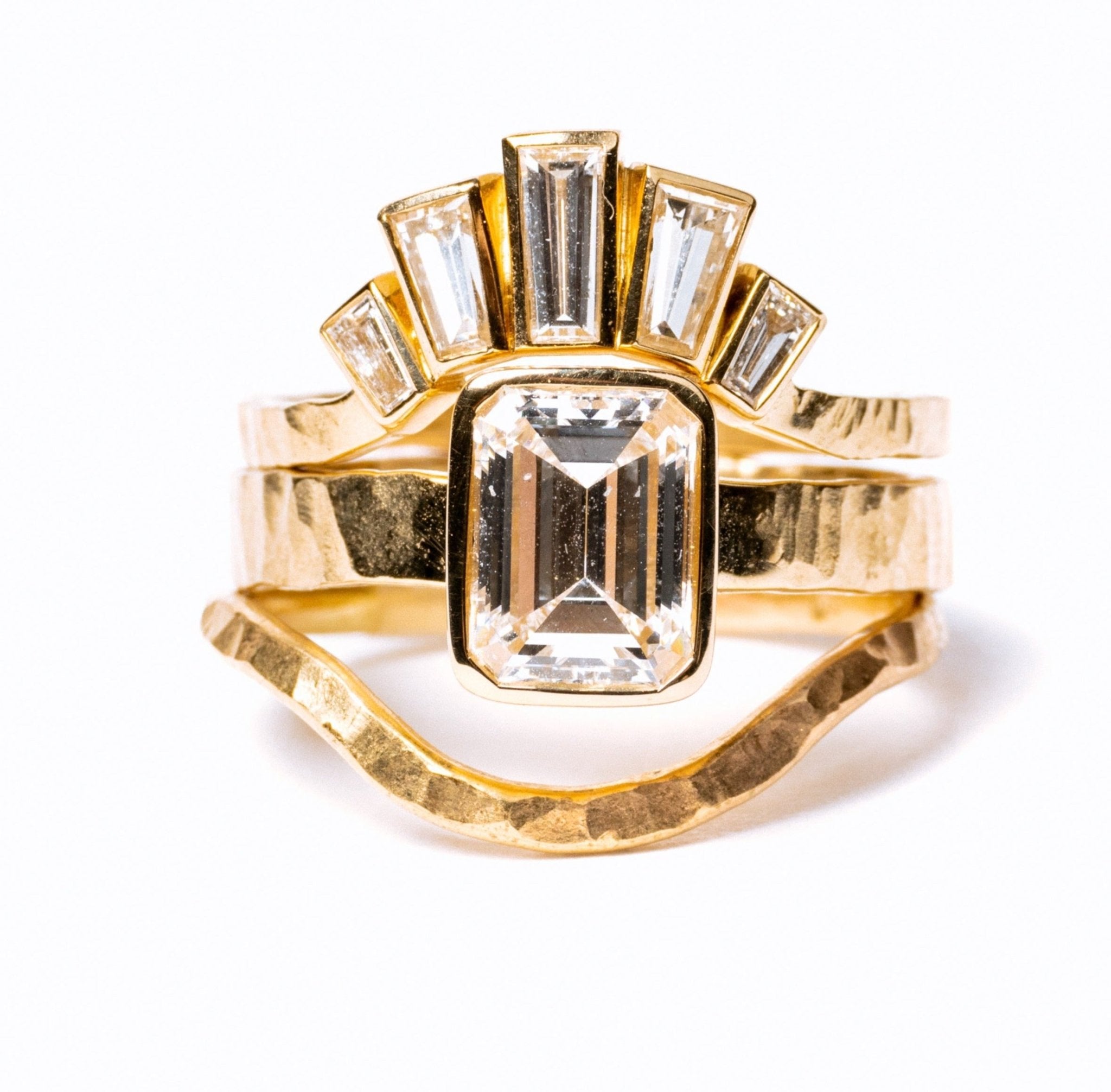 Queen of Sheba 2ct Emerald Cut Lab Diamond Stacking Engagement Ring Set with Hammered Band - MTD