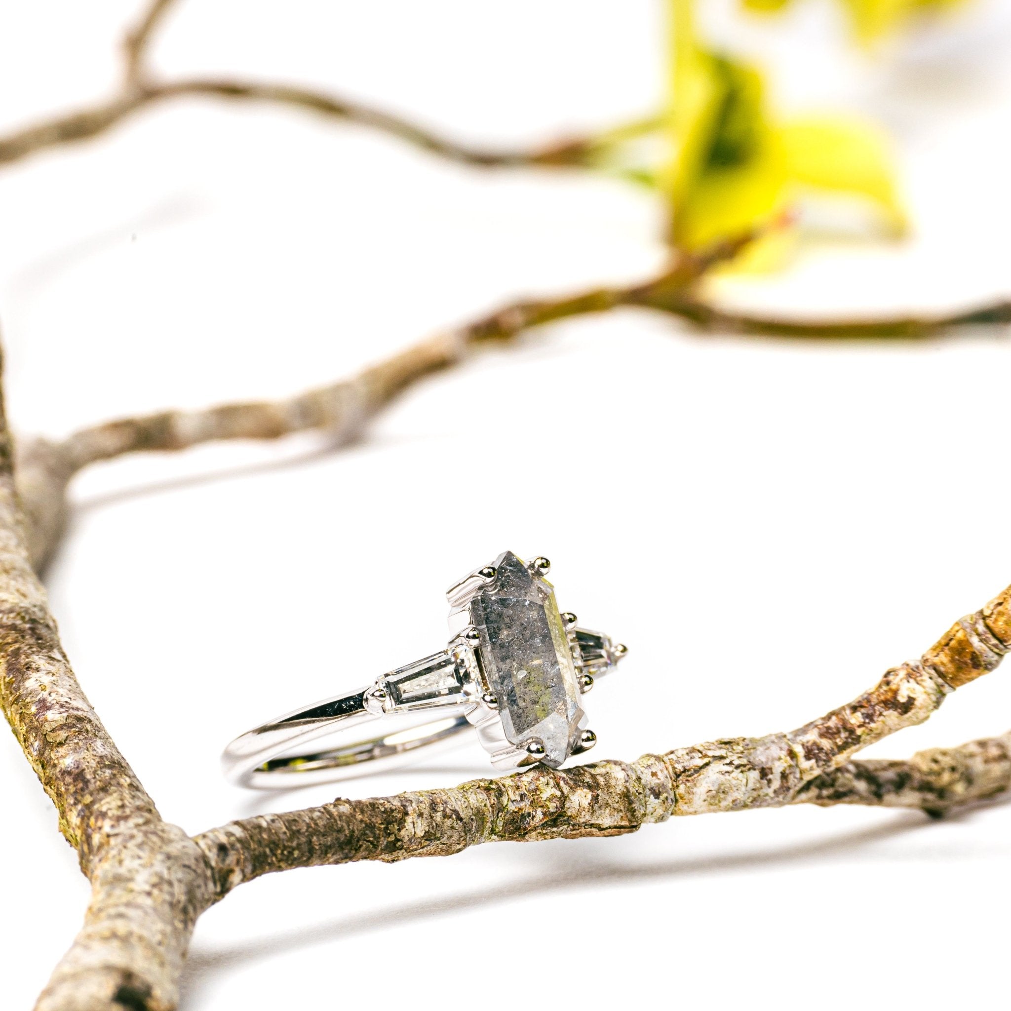 Mavis Elongate Hexagon Salt and Pepper Diamond with Baguettes Engagement Ring - MTD