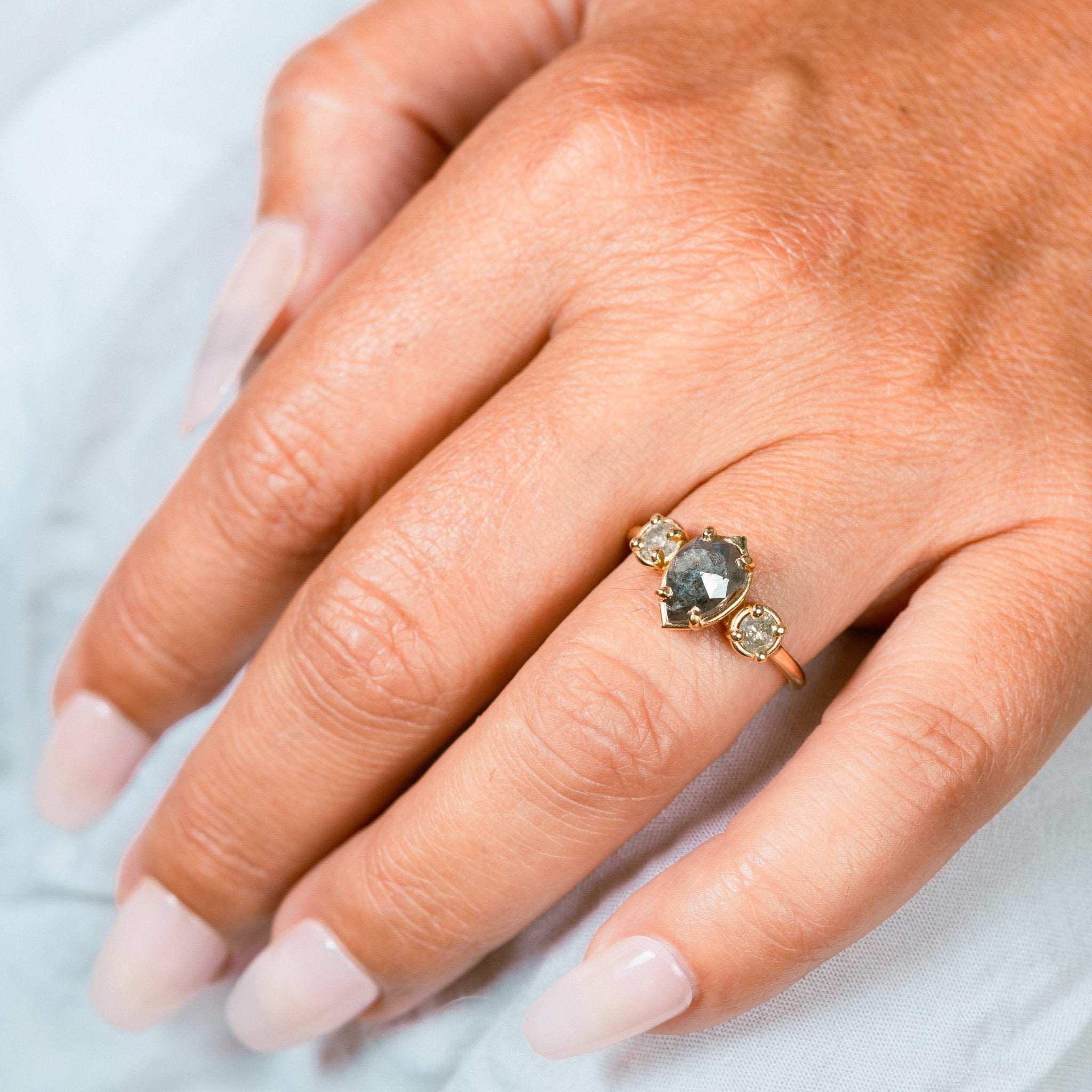 Salt and Pepper 3 Stone Ring with Pear Diamond - MTD