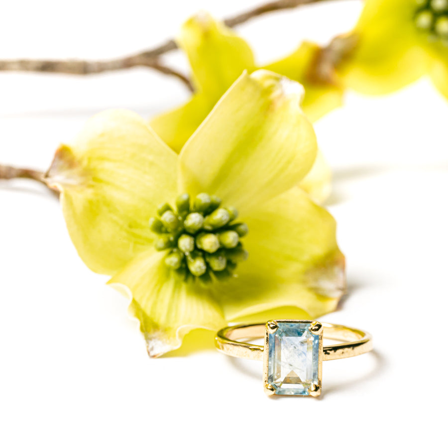 Baby Blue Sapphire Emerald Cut Engagement Ring with Hammered Band
