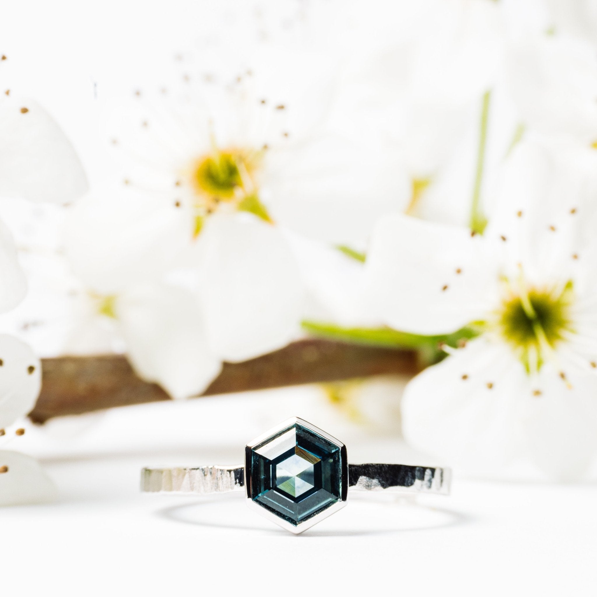 Teal Hexagon Sapphire Engagement Ring with Bezel Setting and Hammered Band - MTD