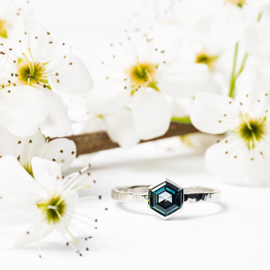 Teal Hexagon Sapphire Engagement Ring with Bezel Setting and Hammered Band