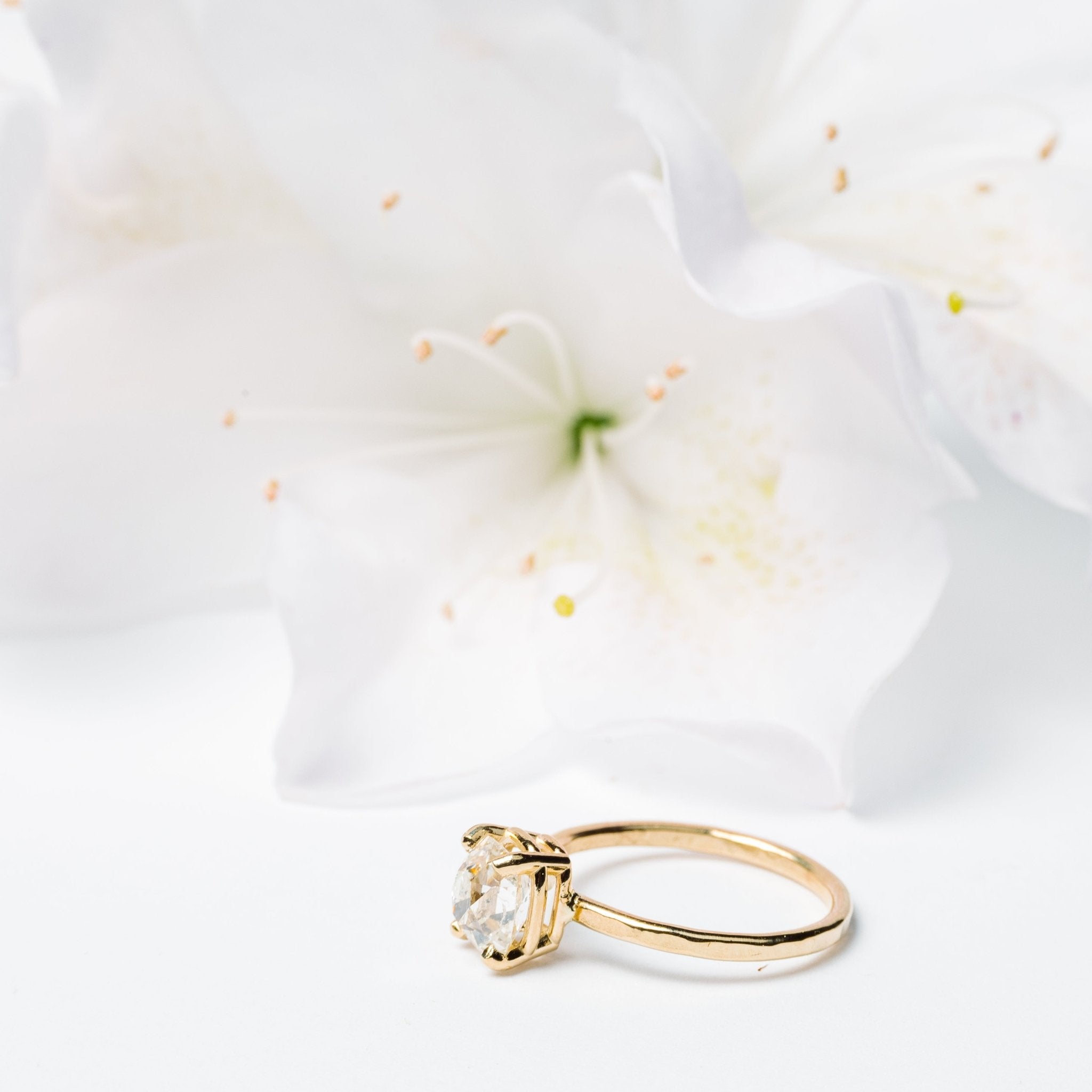 Kelce Vintage Old Mine Cut Elongated Cushion Cut Diamond Engagement Ring with Hammered Band - MTD