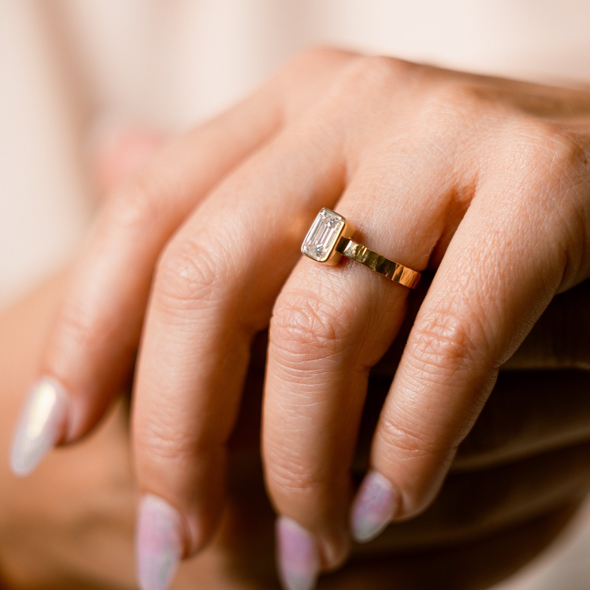 Sheba 2ct Emerald Cut Diamond Engagement Ring Bezel Setting on Wide Hammered Band - MTD