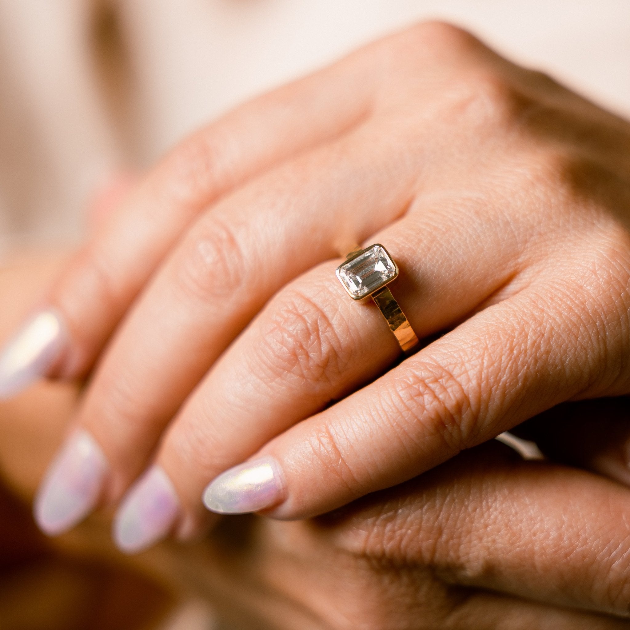 Sheba 2ct Emerald Cut Diamond Engagement Ring Bezel Setting on Wide Hammered Band - MTD