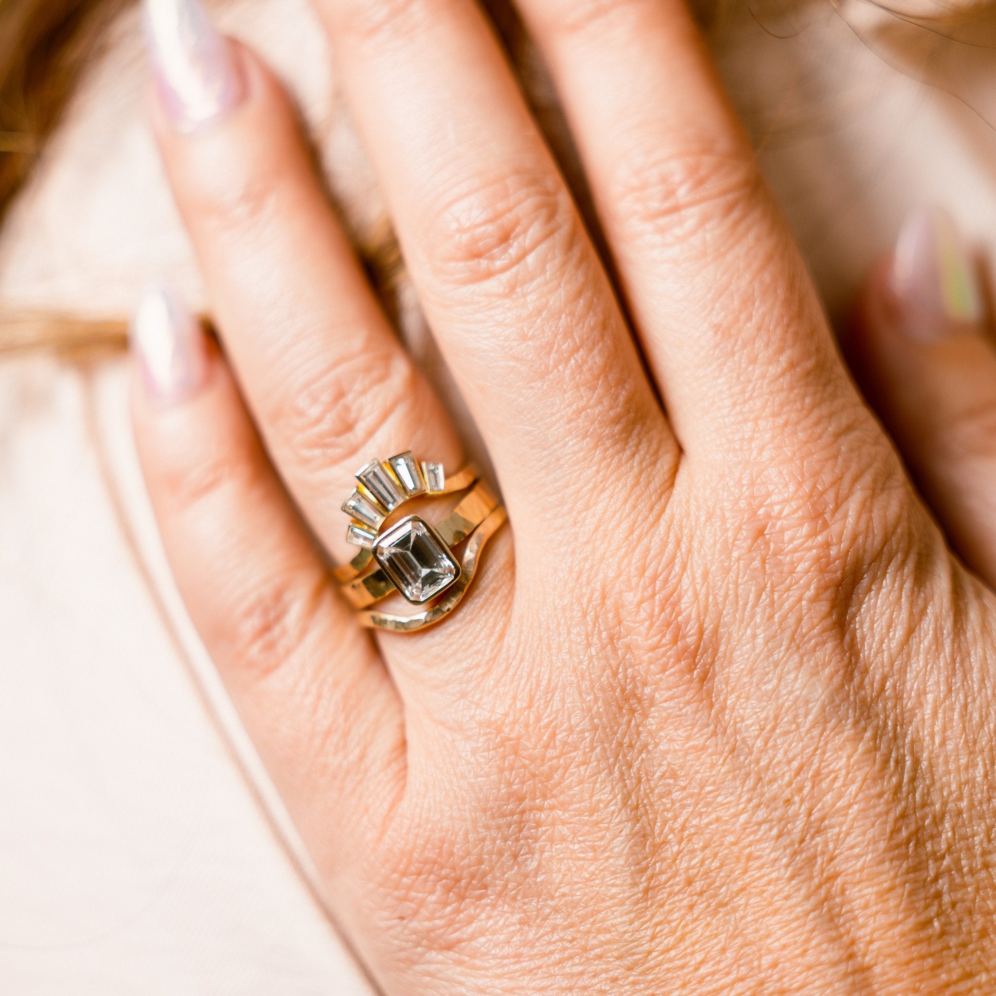 Sheba 2ct Emerald Cut Diamond Engagement Ring Bezel Setting on Wide Hammered Band - MTD