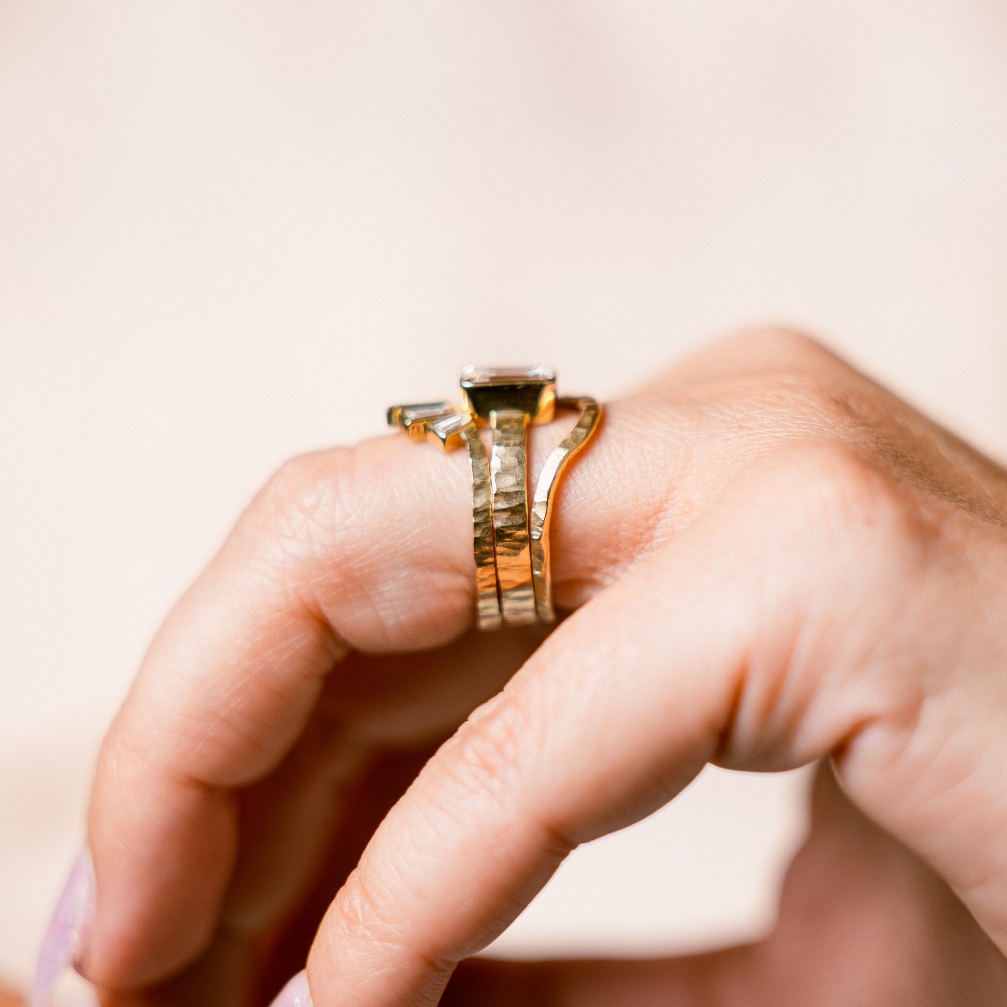 Queen of Sheba 2ct Emerald Cut Lab Diamond Stacking Engagement Ring Set with Hammered Band - MTD