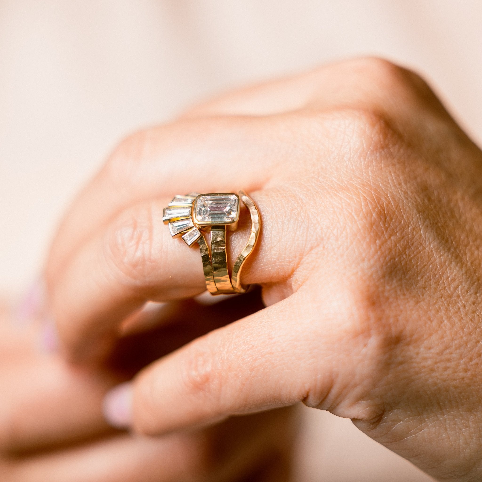 Queen of Sheba 2ct Emerald Cut Lab Diamond Stacking Engagement Ring Set with Hammered Band - MTD