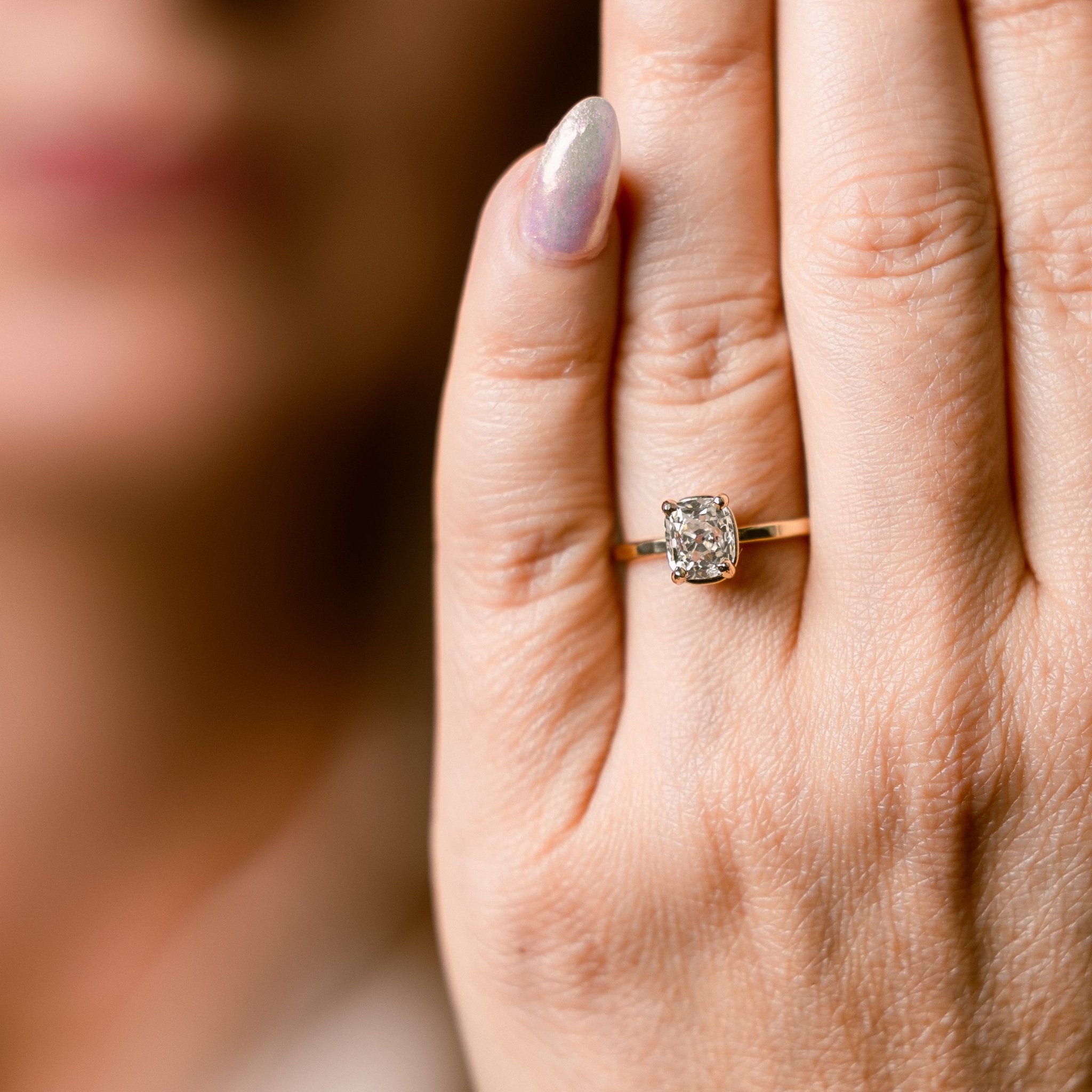 Kelce Vintage Old Mine Cut Elongated Cushion Cut Diamond Engagement Ring with Hammered Band - MTD