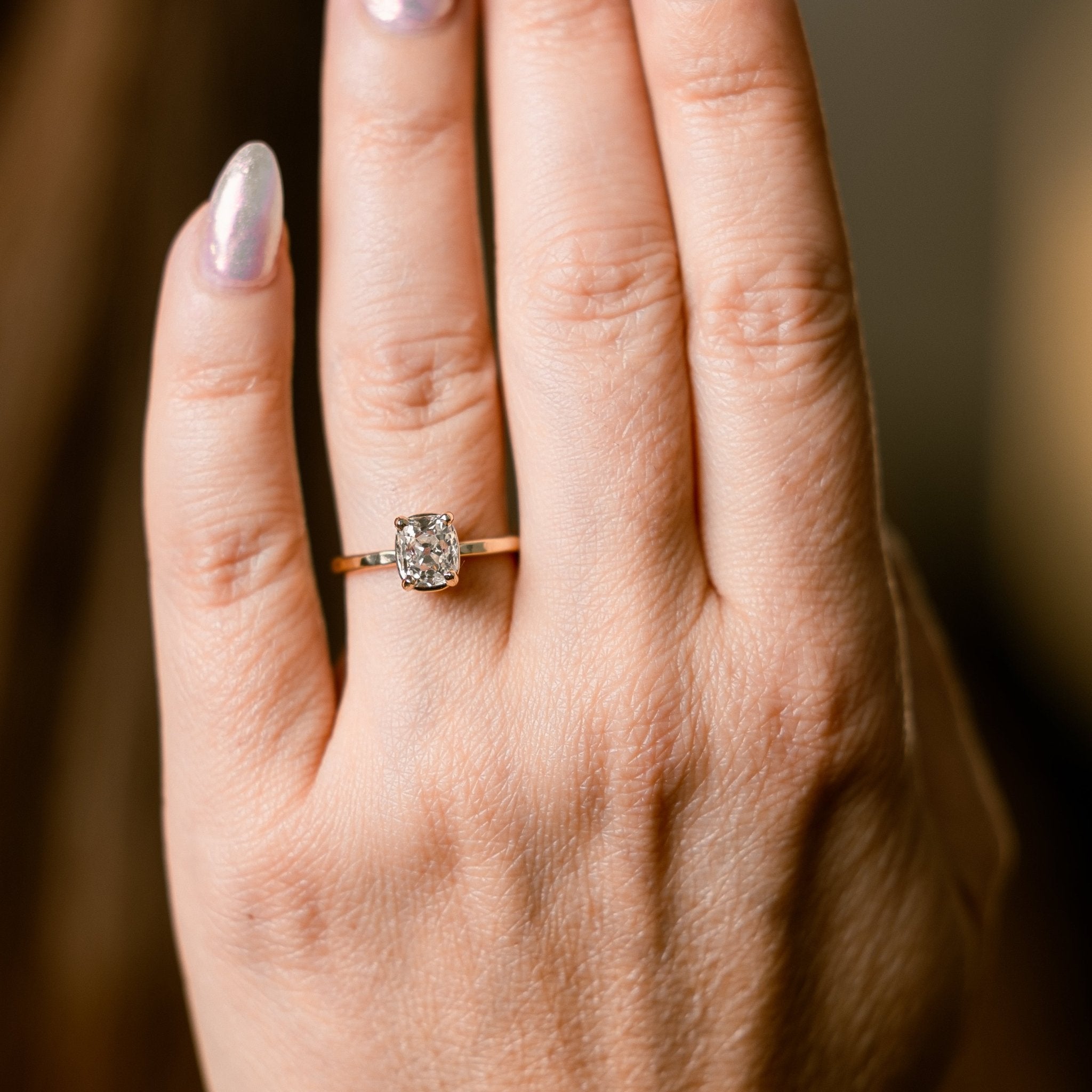 Kelce Vintage Old Mine Cut Elongated Cushion Cut Diamond Engagement Ring with Hammered Band - MTD