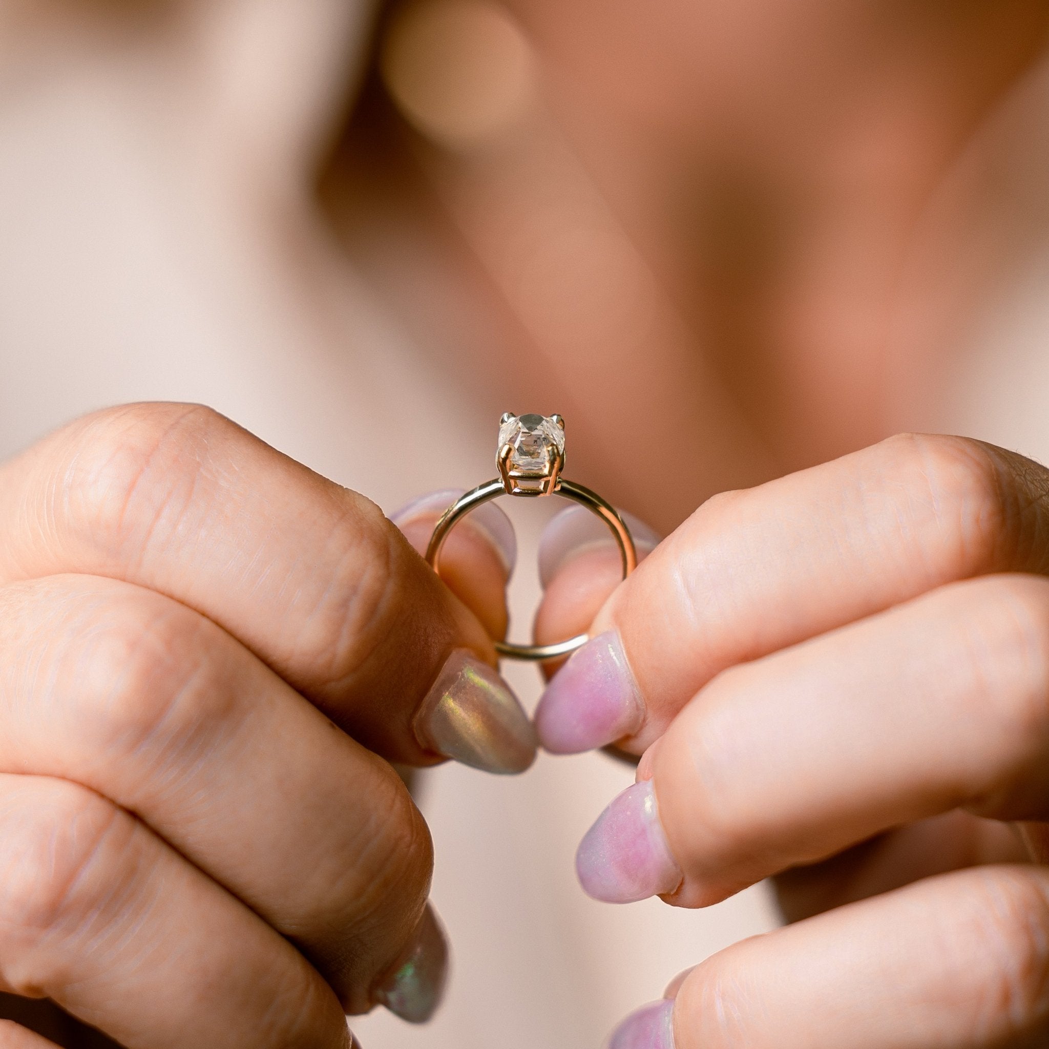 Kelce Vintage Old Mine Cut Elongated Cushion Cut Diamond Engagement Ring with Hammered Band - MTD