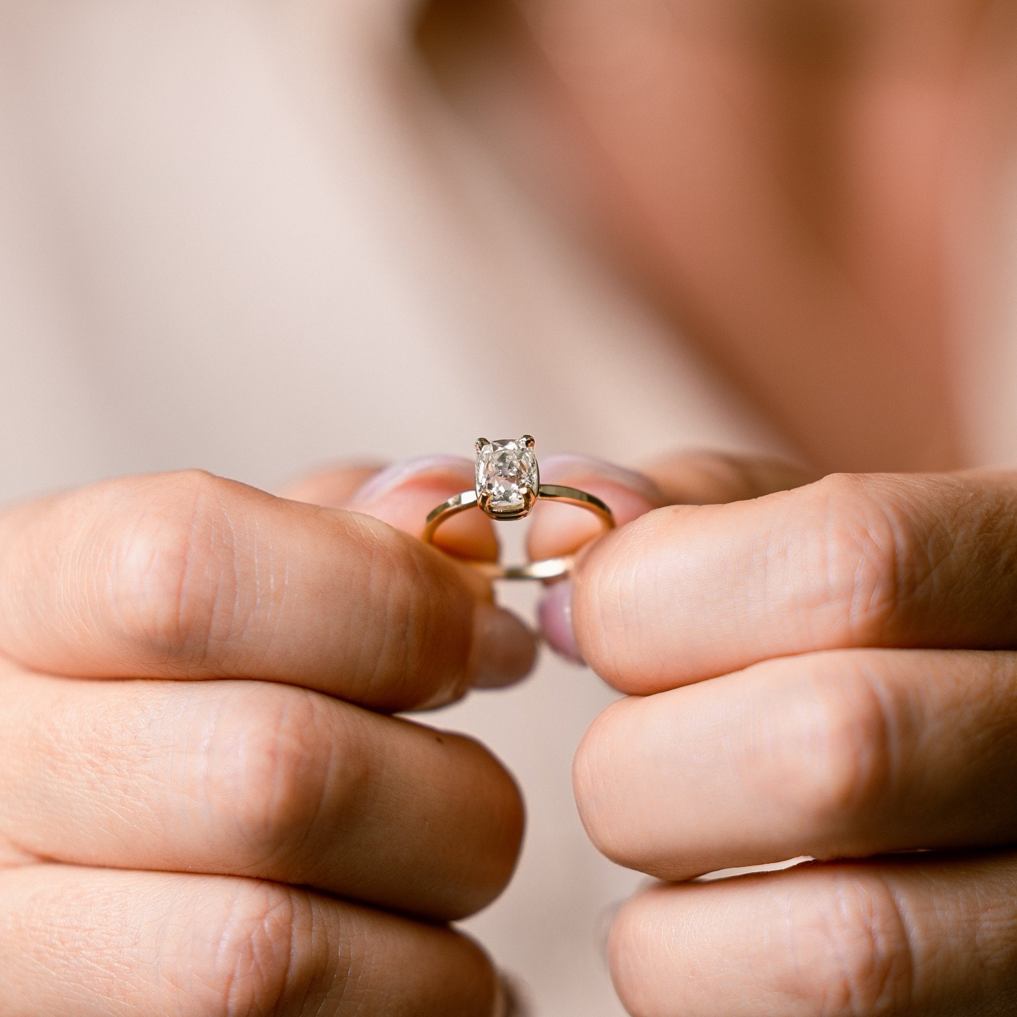 Kelce Vintage Old Mine Cut Elongated Cushion Cut Diamond Engagement Ring with Hammered Band - MTD