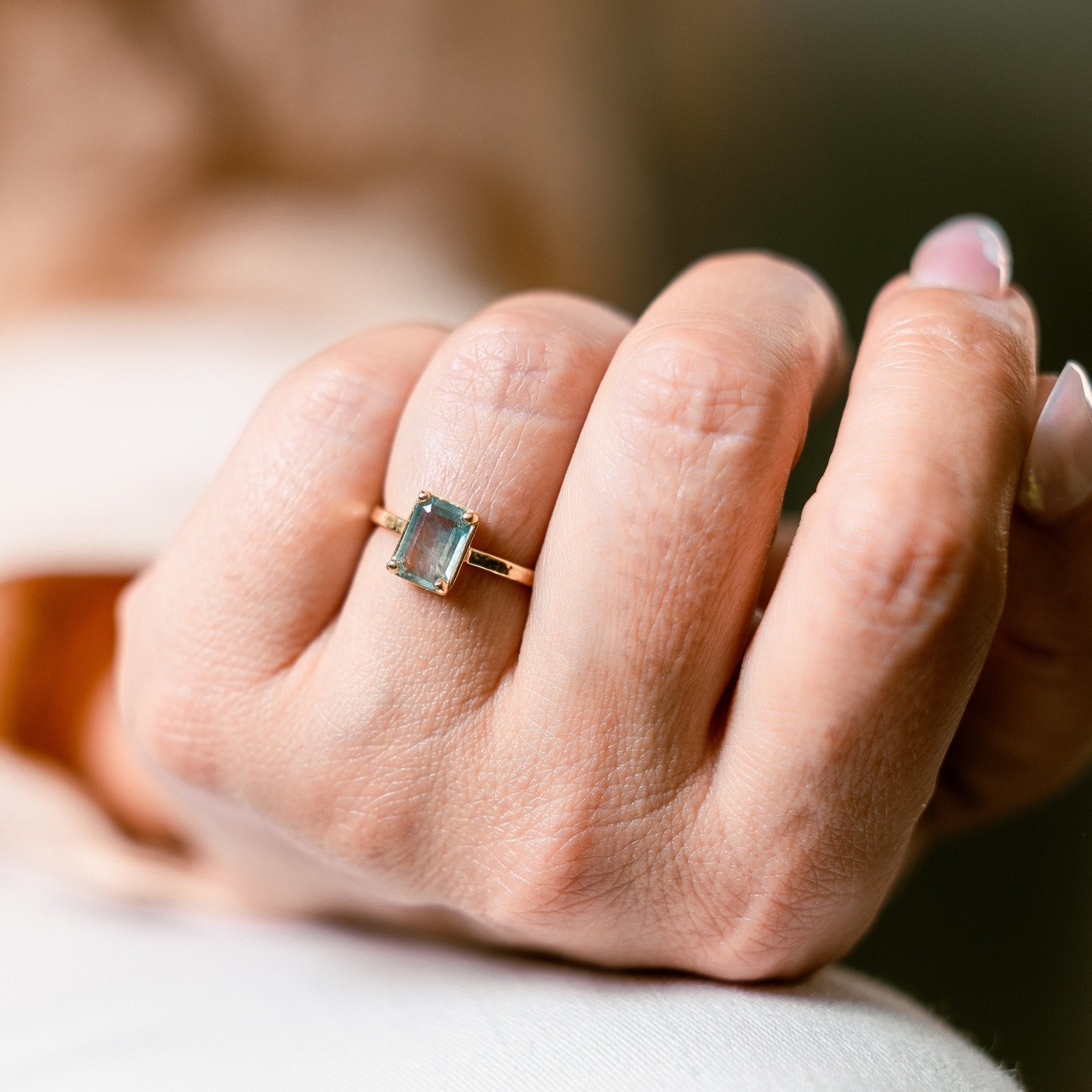 Baby Blue Sapphire Emerald Cut Engagement Ring with Hammered Band - MTD